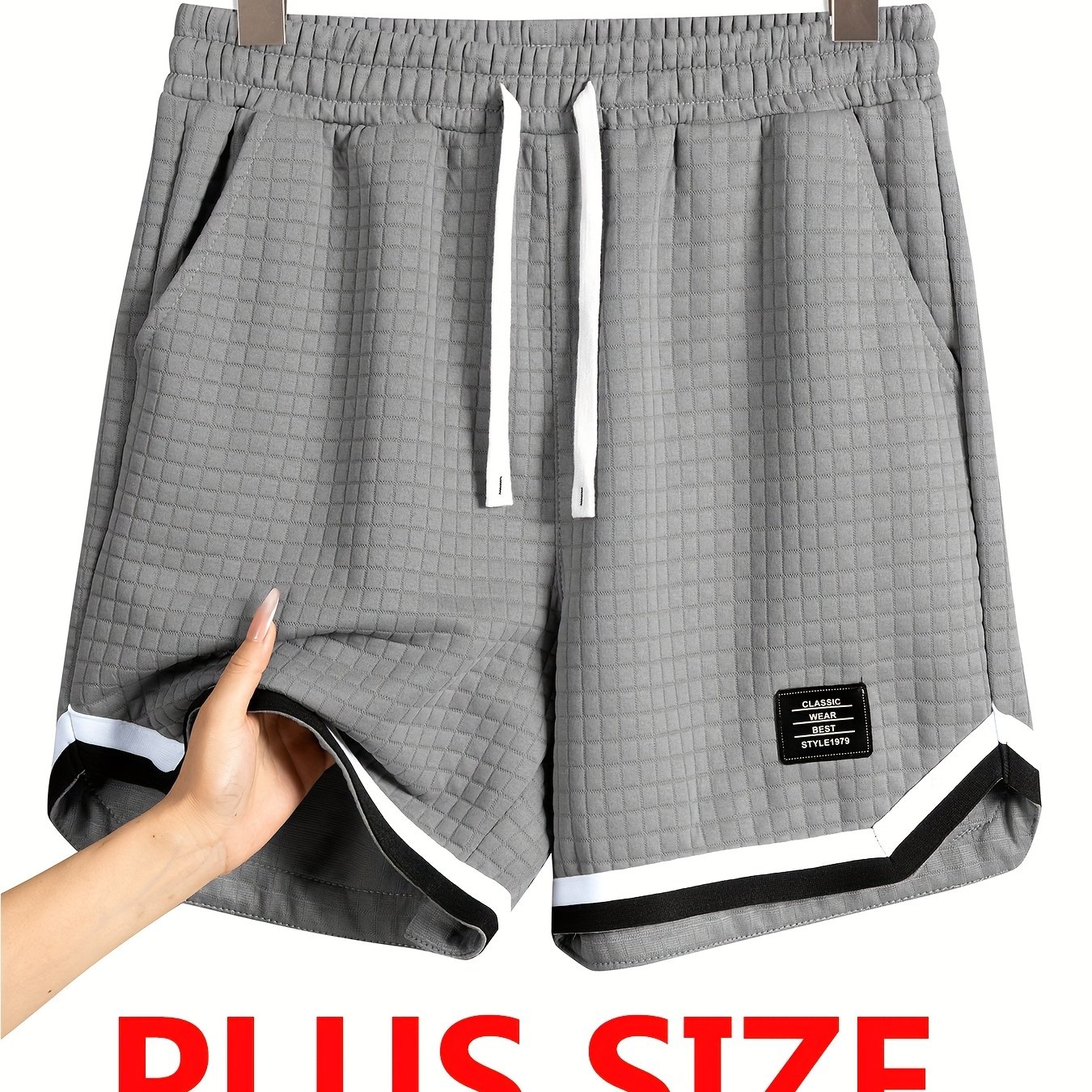 Plus Size Men's Casual Checkered Waffle Knit Shorts - Contrast Piping, Drawstring Waist & Pockets, Breathable Summer Outdoor Shorts For Big & Tall, Trendy Men's Fashion, Shorts Comfy, , Plus Size