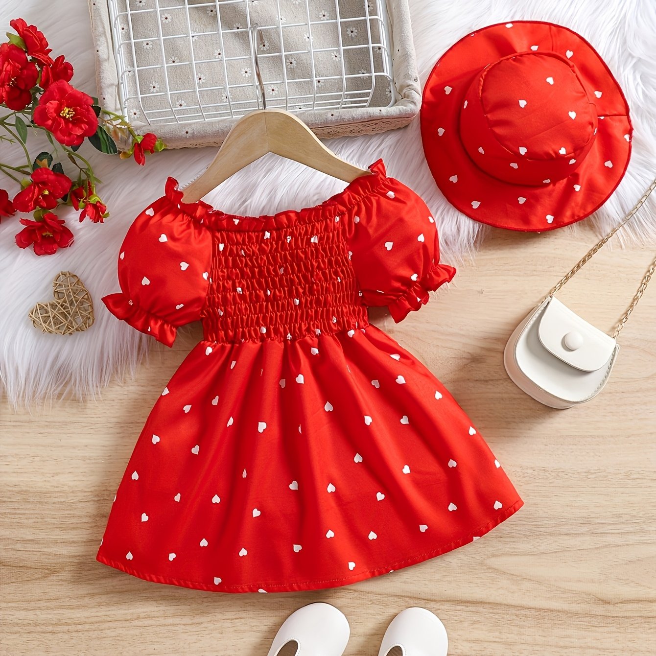 Image of Baby Girl Cottagecore Smocked Dress With Hat, Heart Print Puff Sleeve A-line Sundress, Sweet & , Perfect For Vacation Trips & Summer Daily Wear