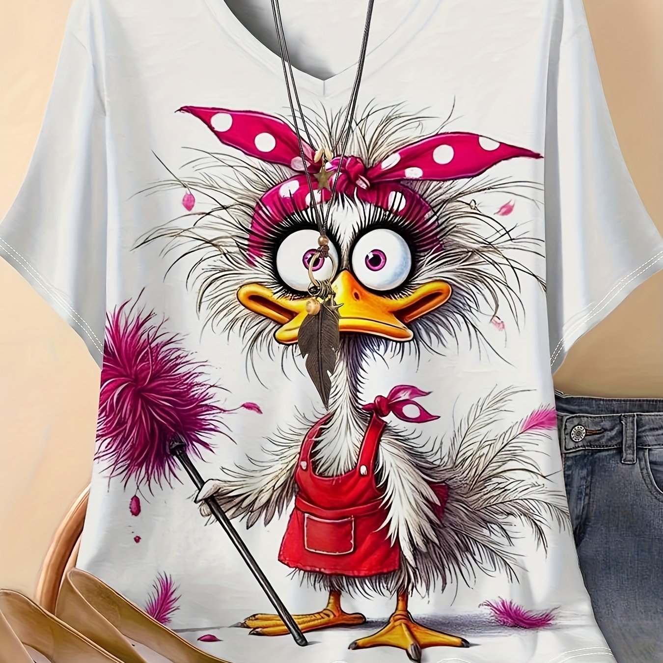 Image of Plus Size - Plus Size - Women's Spring Summer Cute Cartoon Pattern Round Neck Short Sleeve T-shirt - Duck Print Top, Casual Fashion Comfortable Fabric, Durable Printed Design