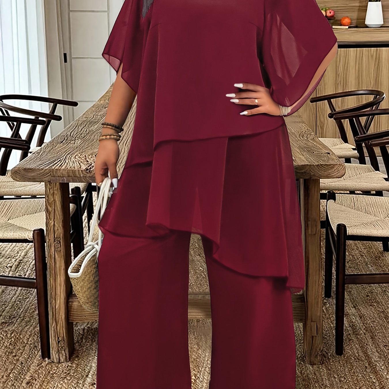 TEMU Plus Size - Plus Size - 2pcs Set, Plus Size Women's Pants Suit, Elegant Casual Vacation Round Neck Irregular Burgundy Outfit, Spring Summer