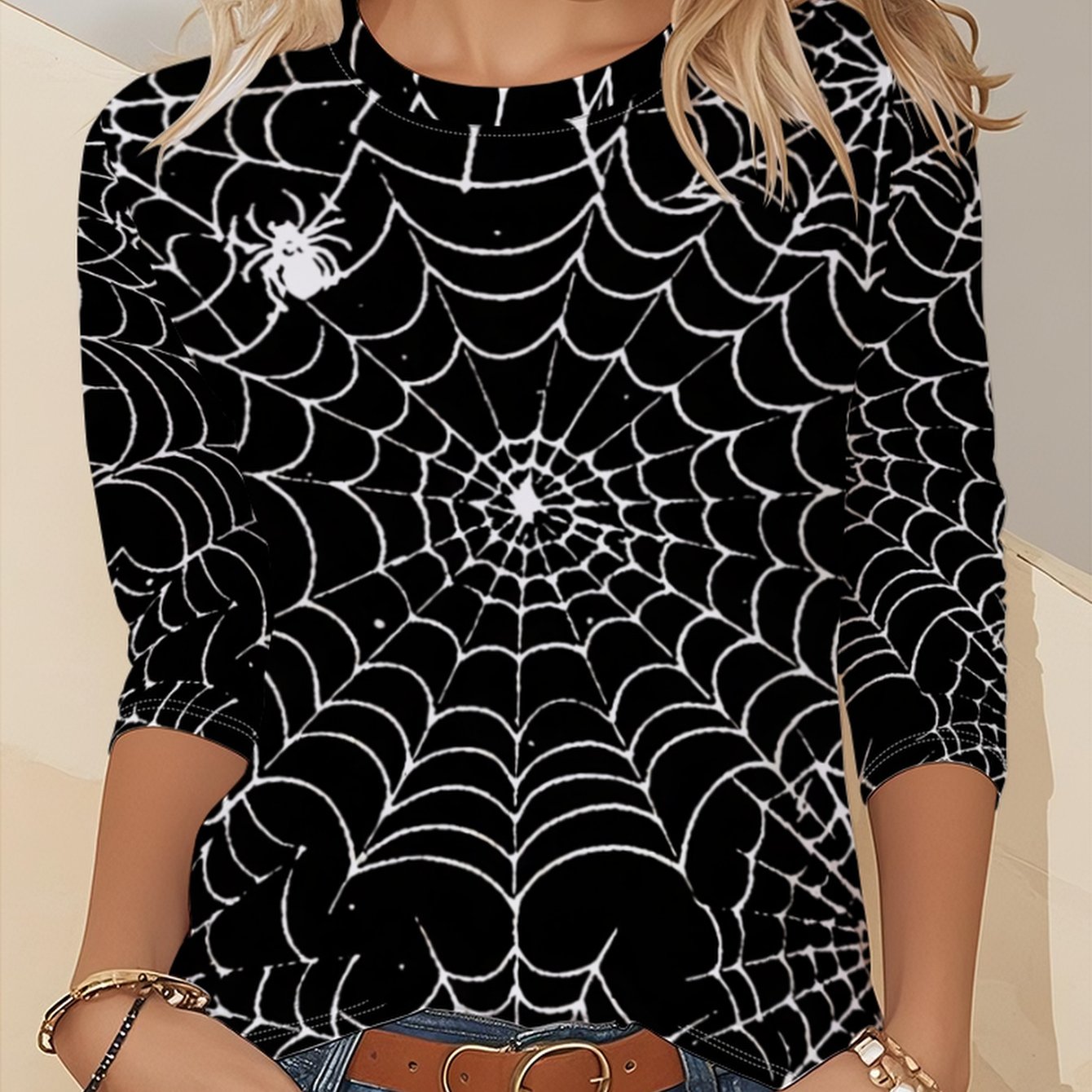 TEMU Halloween, Spooky Style, Spiderweb Pattern, , Round Neck Long Sleeve T-shirt, Fashion Women's Top-085