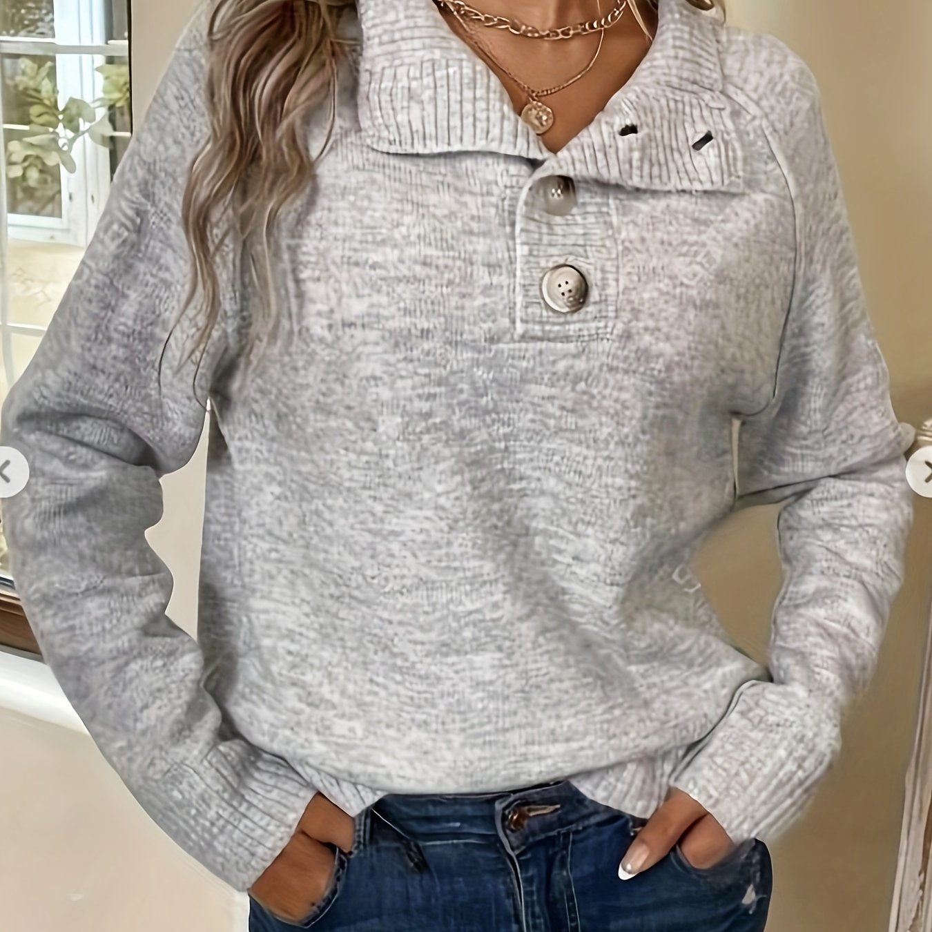 Directed Development Casual Top, Collared Sweater Pullover, Solid Color With Button Design, Women's Clothing