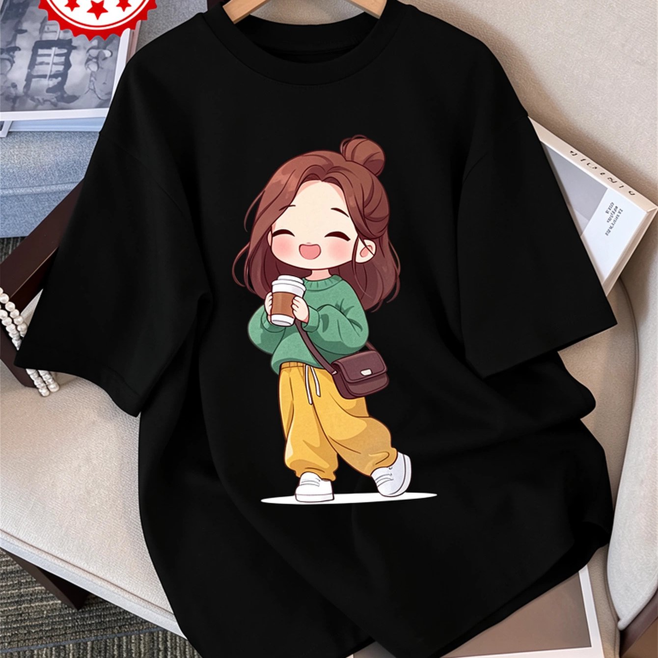 Image of Women's Casual Top With Cartoon Style, Featuring Coffee-colored Korean Print, Loose Fit, Short Sleeves, Round Neck, And Made Of Pure. Women's T-shirt [ K]