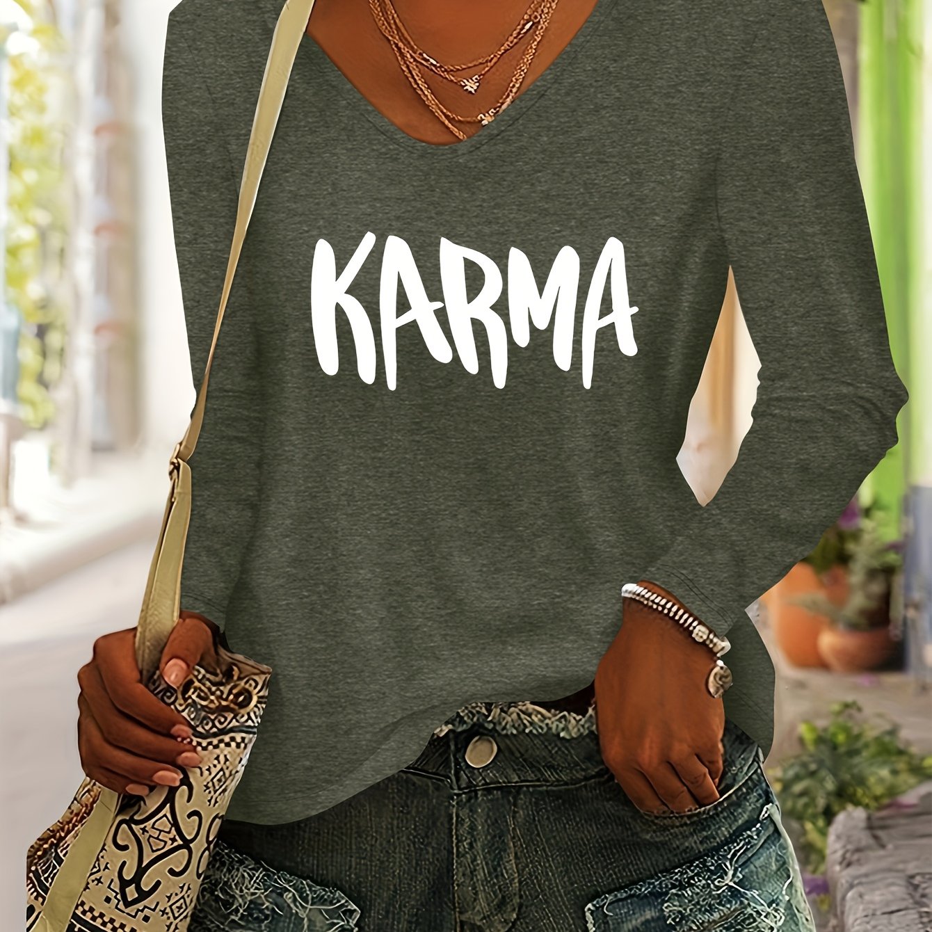 TEMU Letter Print European And Women's Autumn And Winter Top, Fashionable, Versatile, Comfortable And Casual, Color V-neck Long-sleeved T-shirt