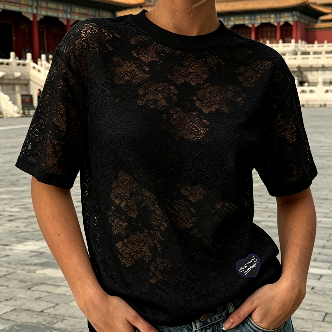 TEMU Women's Easy Athletic Style Round Neck Lace T-shirt, Fashion Casual, Beautiful T-shirt