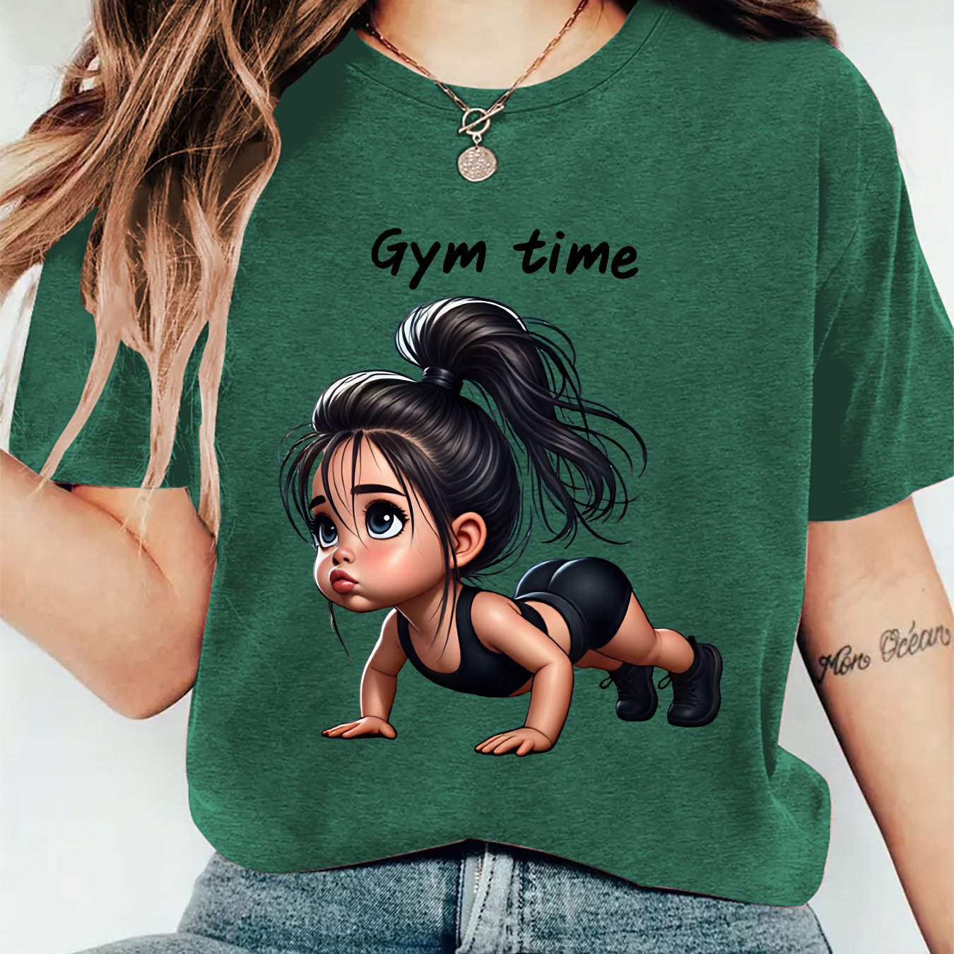 TEMU 2026 New Women's High Ponytail Push-ups Fitness Cartoon Round Neck Short Sleeve T-shirt, Sports Casual Versatile Fitness Top