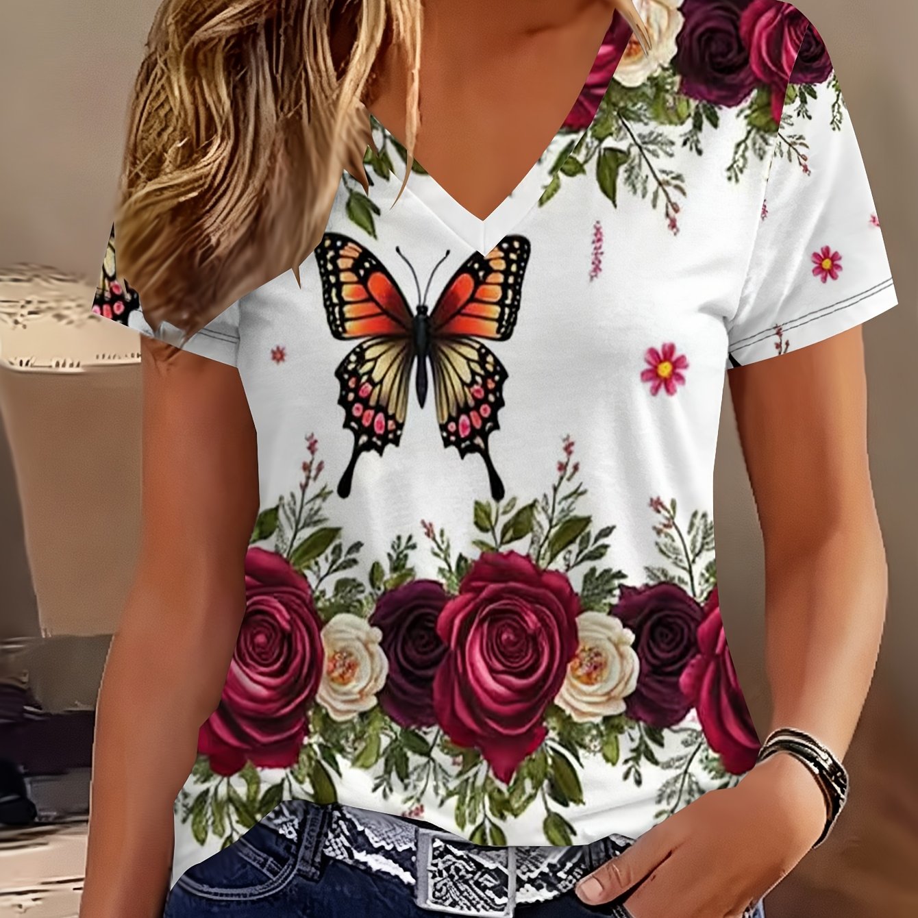 TEMU Women's Burgundy & Cream V-neck Short-sleeve T-shirt - Elegant Botanical Blouse Style Top With & Rose Print, Suitable For Casual & Dressy