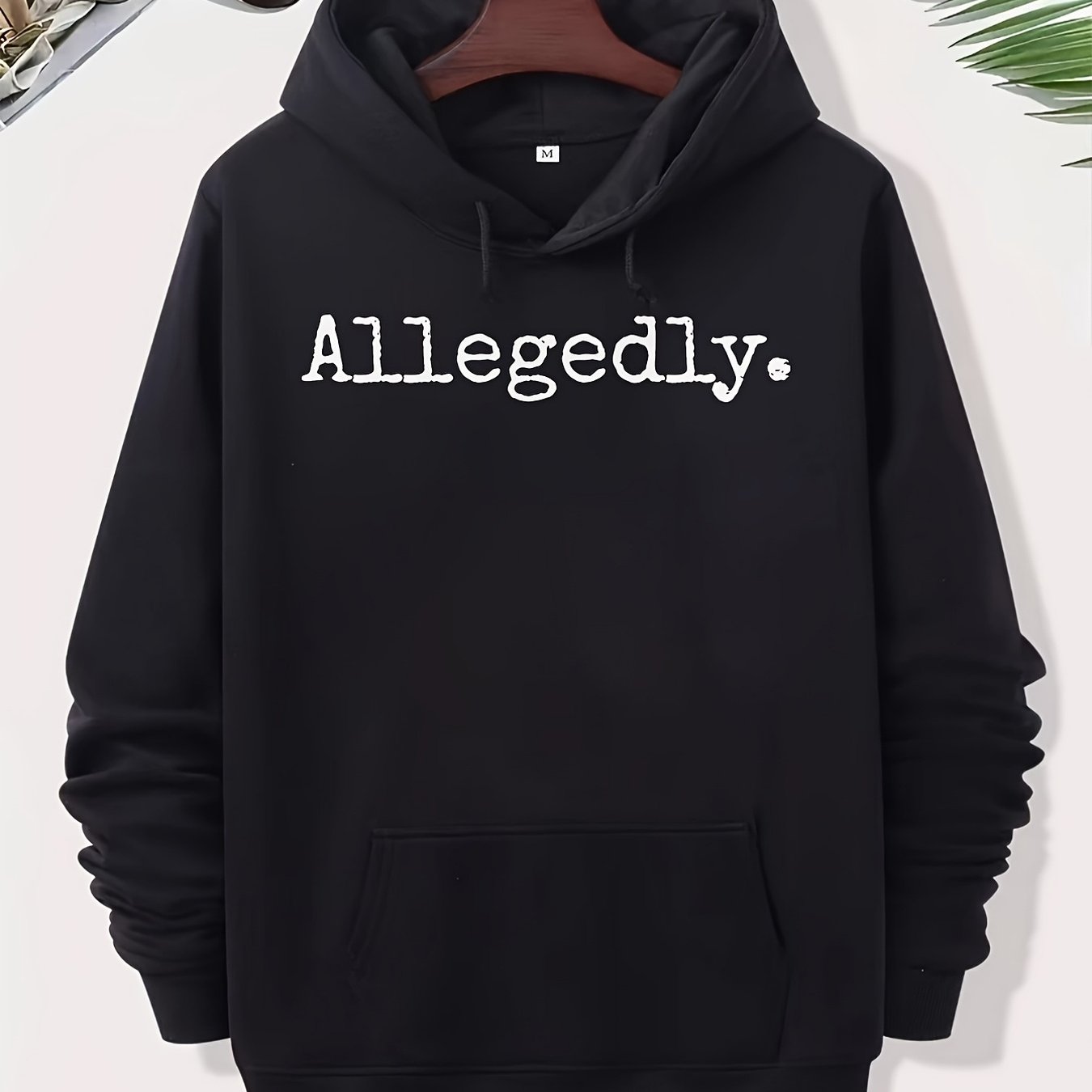 TEMU Unisex Oversized Hooded Sweatshirt With White Lettering Soft Breathable Black Streetwear Pullover Hoodie With Pocket Loose Fit For Fall Winter