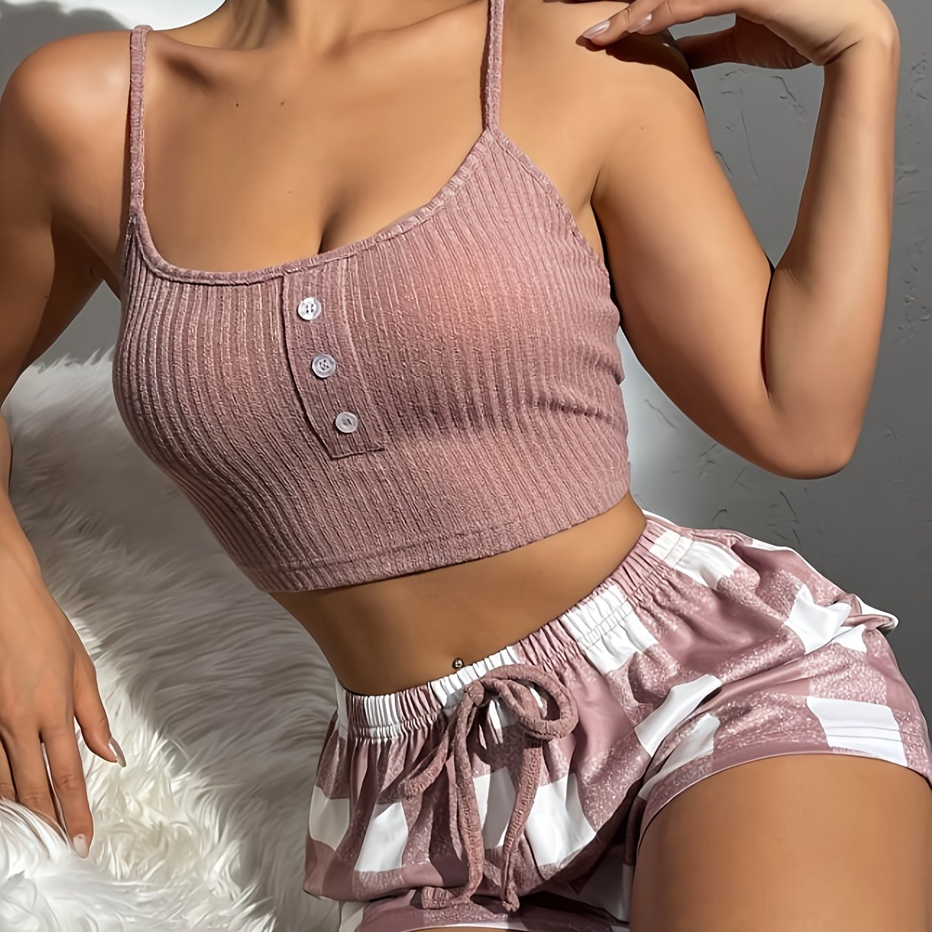 Image of Women's Button Suspender Shorts Pajama Set +