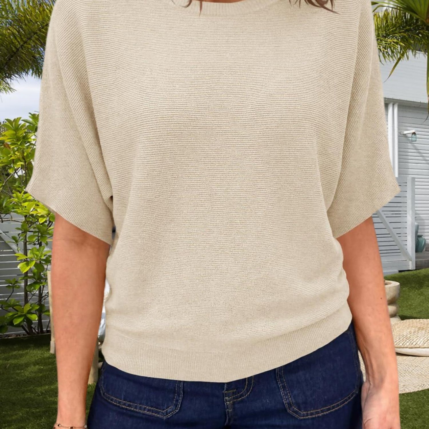Image of Women's Short Sleeve Sweater Summer Batwing Trendy Casual Boat Neck Lightweight Loose Fitting Tops