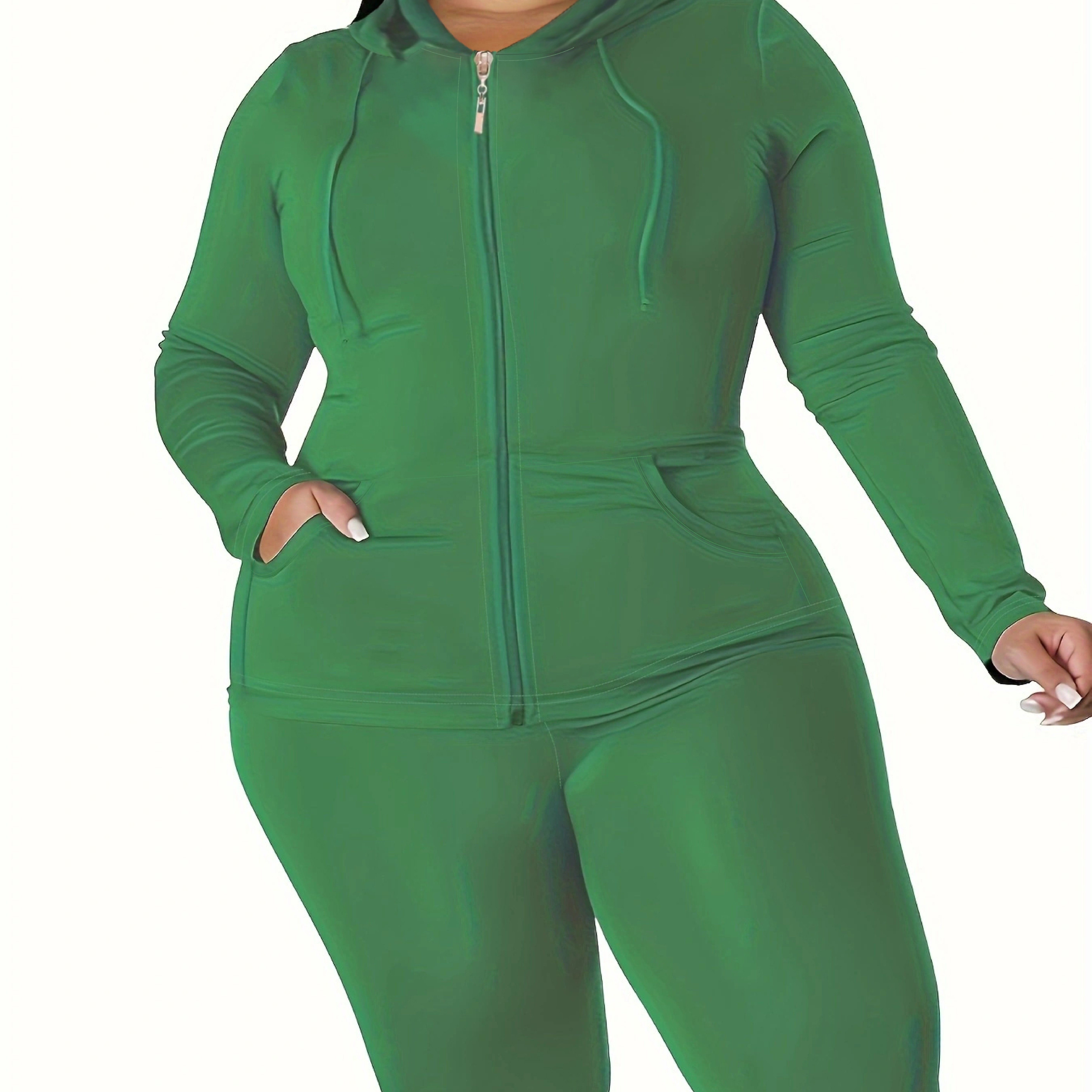 Dropship Plus Size Solid Zip Up Hoodie Sweatshirt & Pants Set; Women's Plus  High Stretch Workout 2pcs Set to Sell Online at a Lower Price