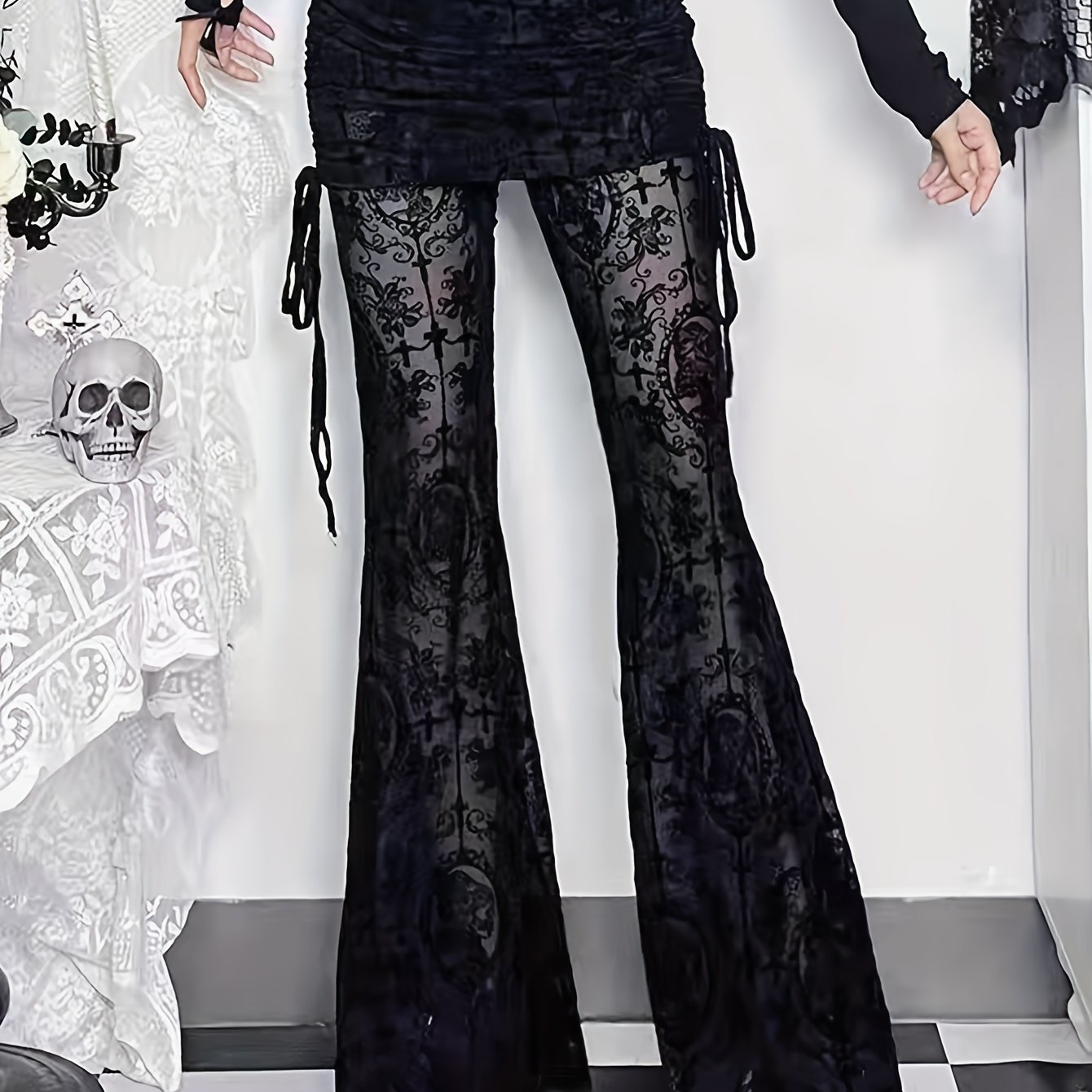 E-shop Damengothic Halloween-Flare-Hosen - Dunkle Vintage-Gothic-Hosen mit Kordelzug, Schlagbeine für Halloween-Kostüm, Party-Outfit –