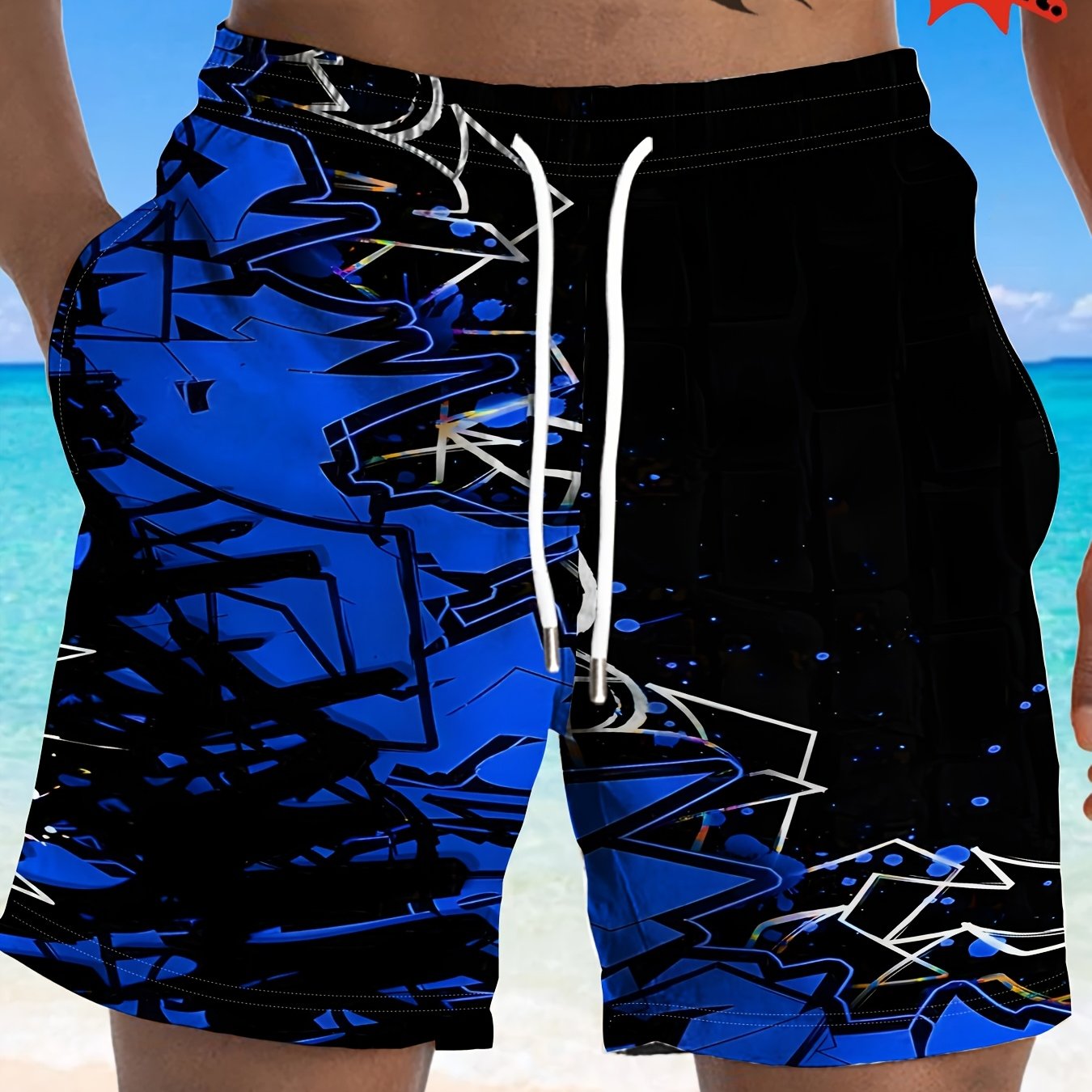 TEMU Men's Letter Print Beach Shorts - Lightweight Polyester Swim Trunks With Drawstring Waistband, Suitable For Summer, Swimming, Golf, Fishing &