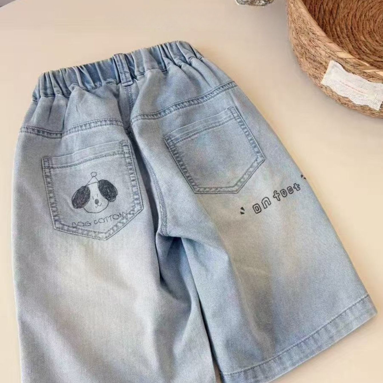 Boys Denim Shorts, Elastic Waist 3/4 Length Pants For 3 Years Kids, Cute Dog Print, Soft Lightweight Summer Casual Jeans