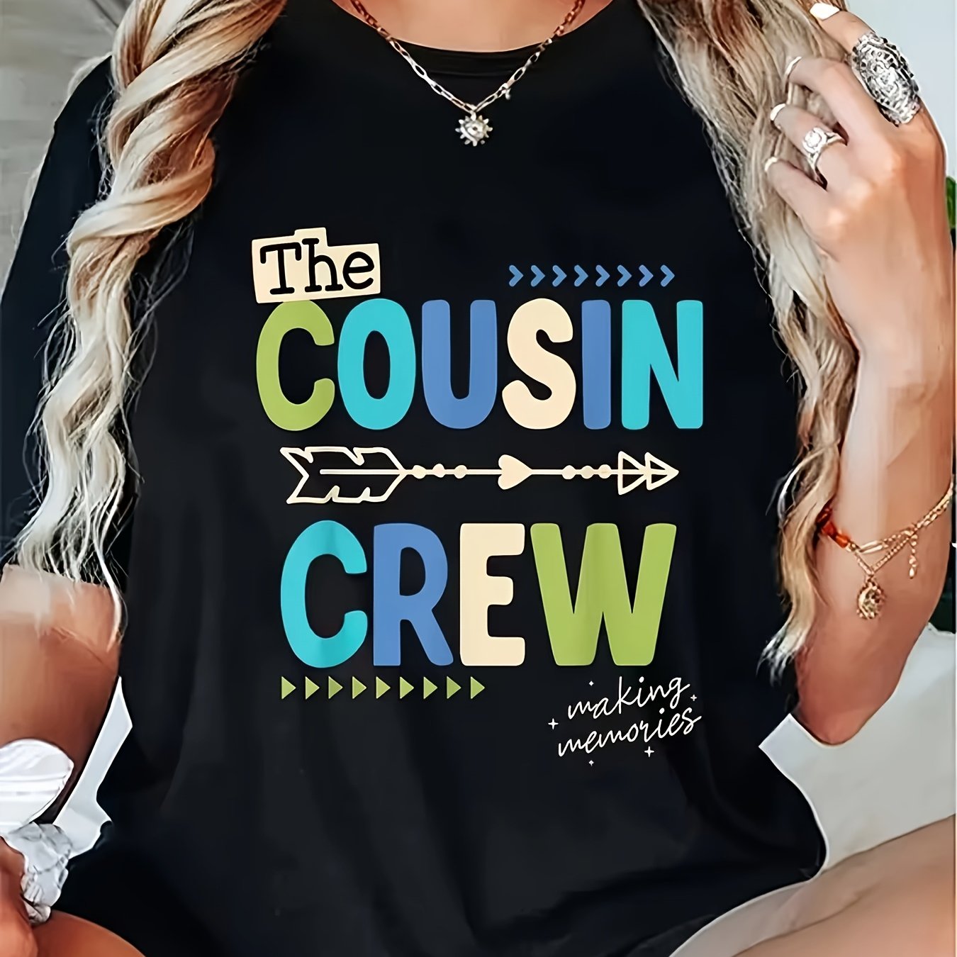 TEMU Women's "the Cousin Crew" Family Matching T-shirt - Short Sleeve Round Neck Casual Top With Cousin Design, Spring Summer Blouse For Cousins,