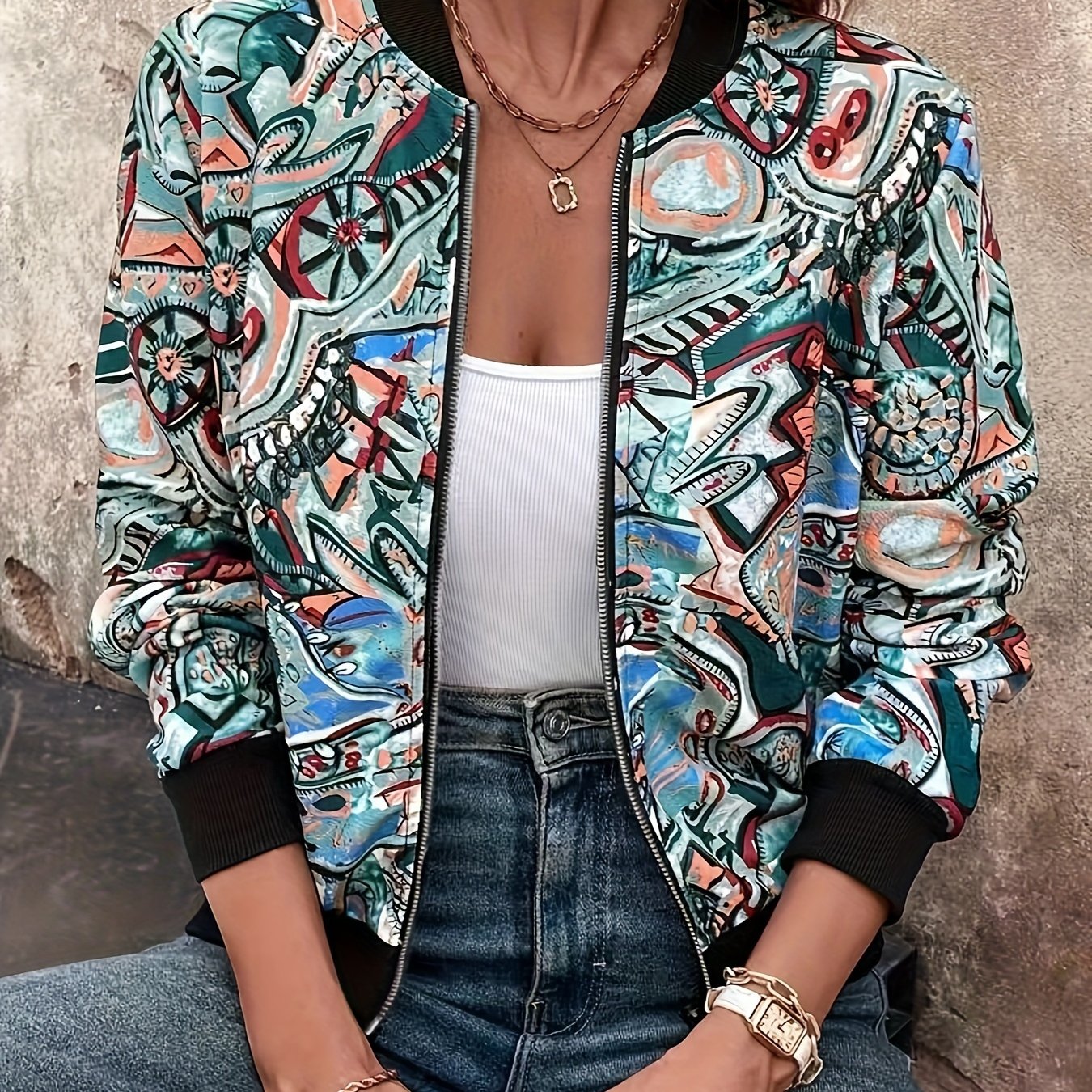 Image of Fashionable Printed Long-sleeve Zip-up Cardigan For Women, Perfect For Vacation