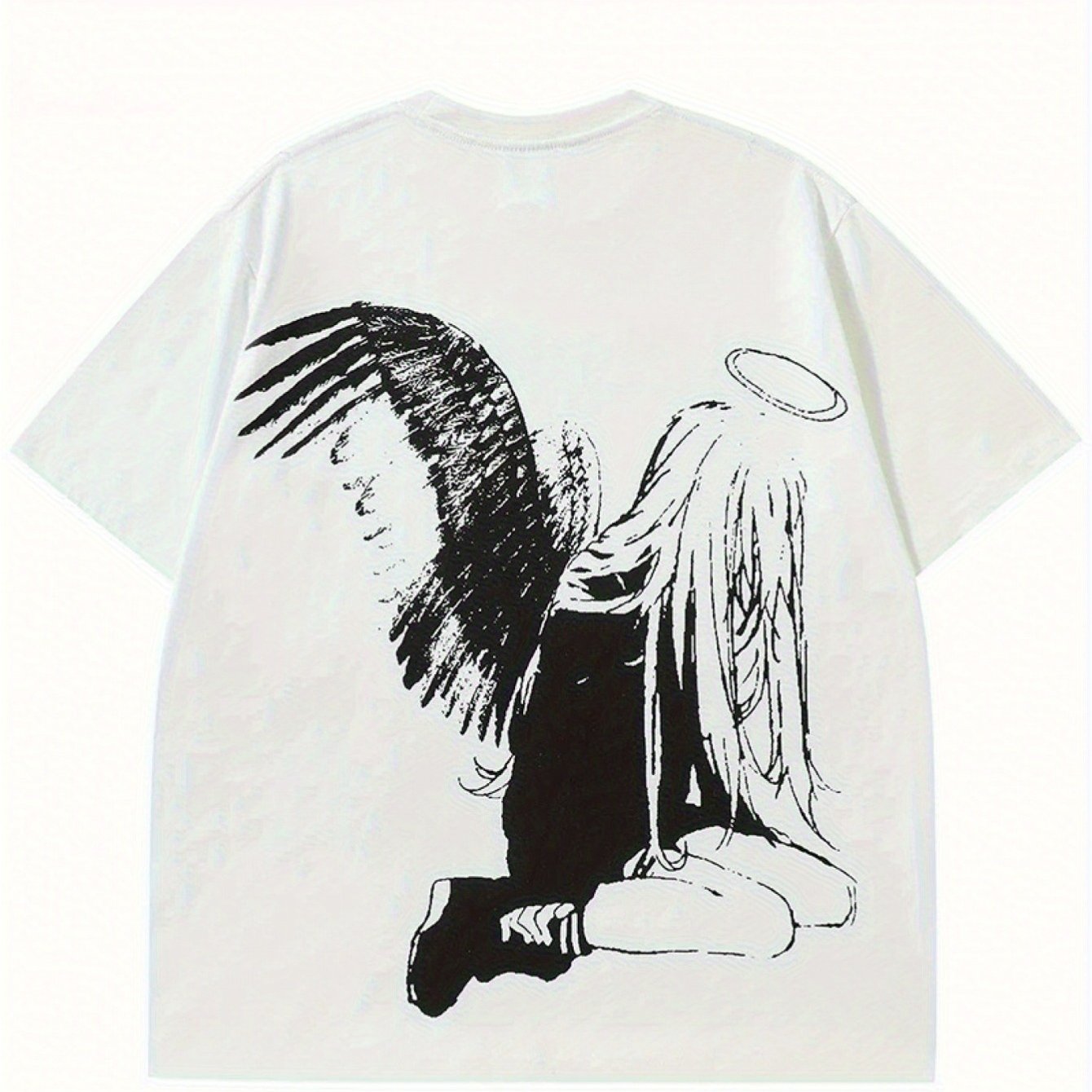 Image of Men's Anime Graphic T-shirt - Black Harajuku With Wings & Japanese Character Print, Round Neck Short Sleeve Casual Shirt For Cosplay, Everyday Outfits & Themed Events - Fit, Anime Fan Apparel