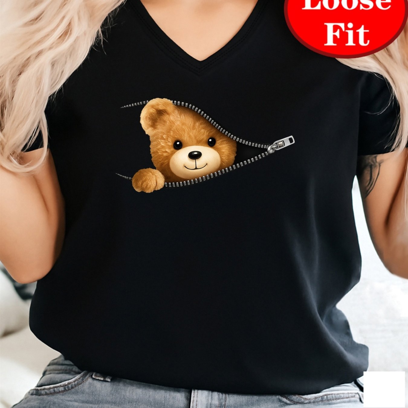 TEMU Cute Bear, Zipper , V-neck Short Sleeve T-shirt, Casual Top For Spring And Summer, Plus Size Women's Clothing