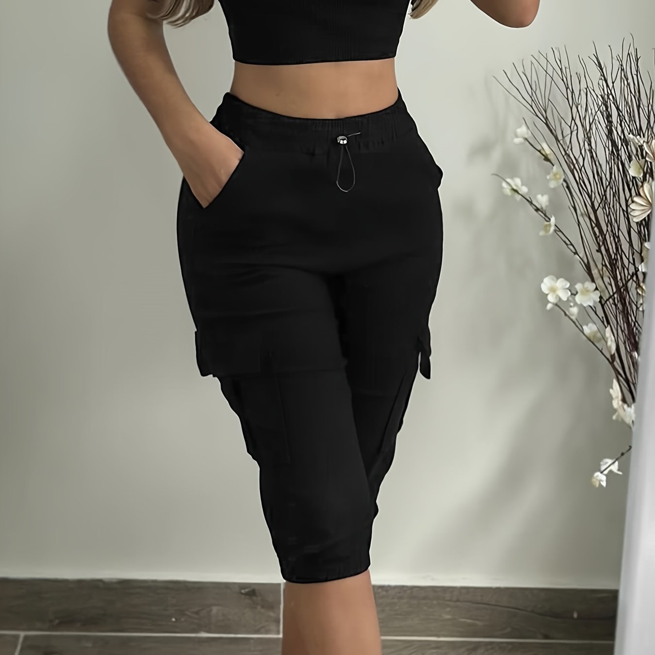 Style Women's Elastic Waist Casual Pants Multi-pocket Ankle Solid Color Capri Riding Trousers Cargo Pants