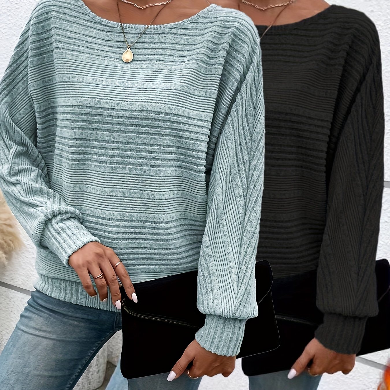 New Cross-border Fashion Casual Ribbed Batwing Two-piece Set Round Neck T-shirt For Women