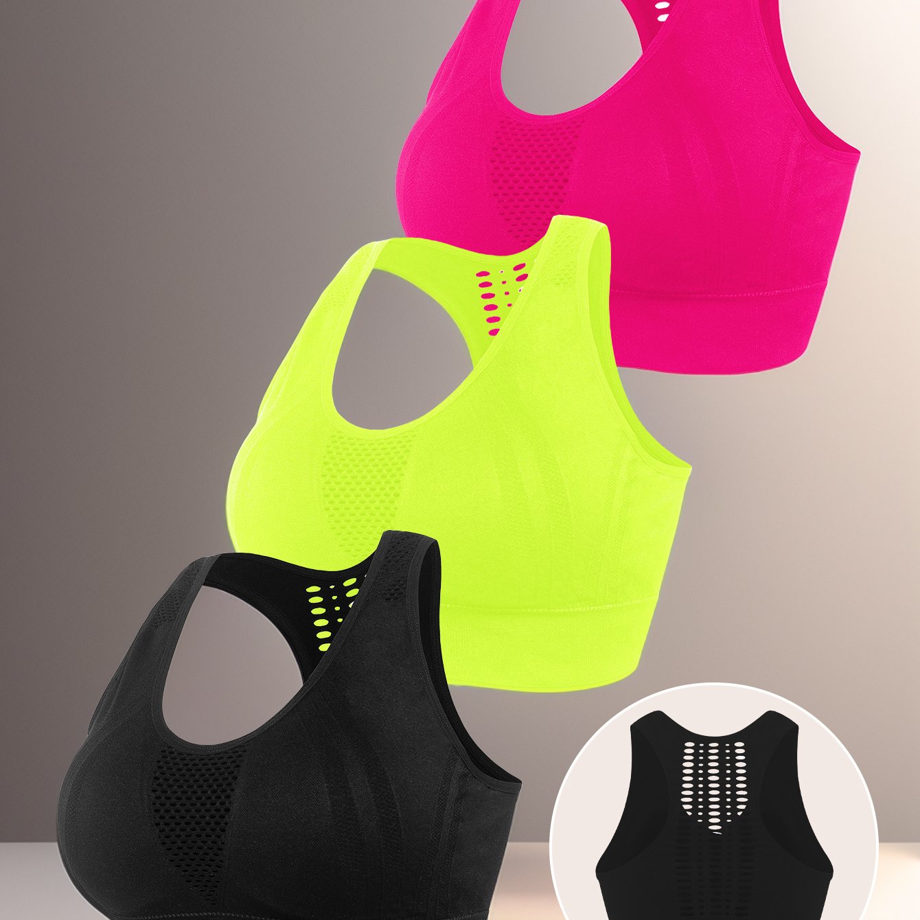 E-shop 3 Stück Damen Tanktop-Stil Schwarzer Sport-BH mit Stoßdämpfung, Rückenlüftungslöchern, Herausnehmbaren Polstern, Breiten Trägern, Einteiligem