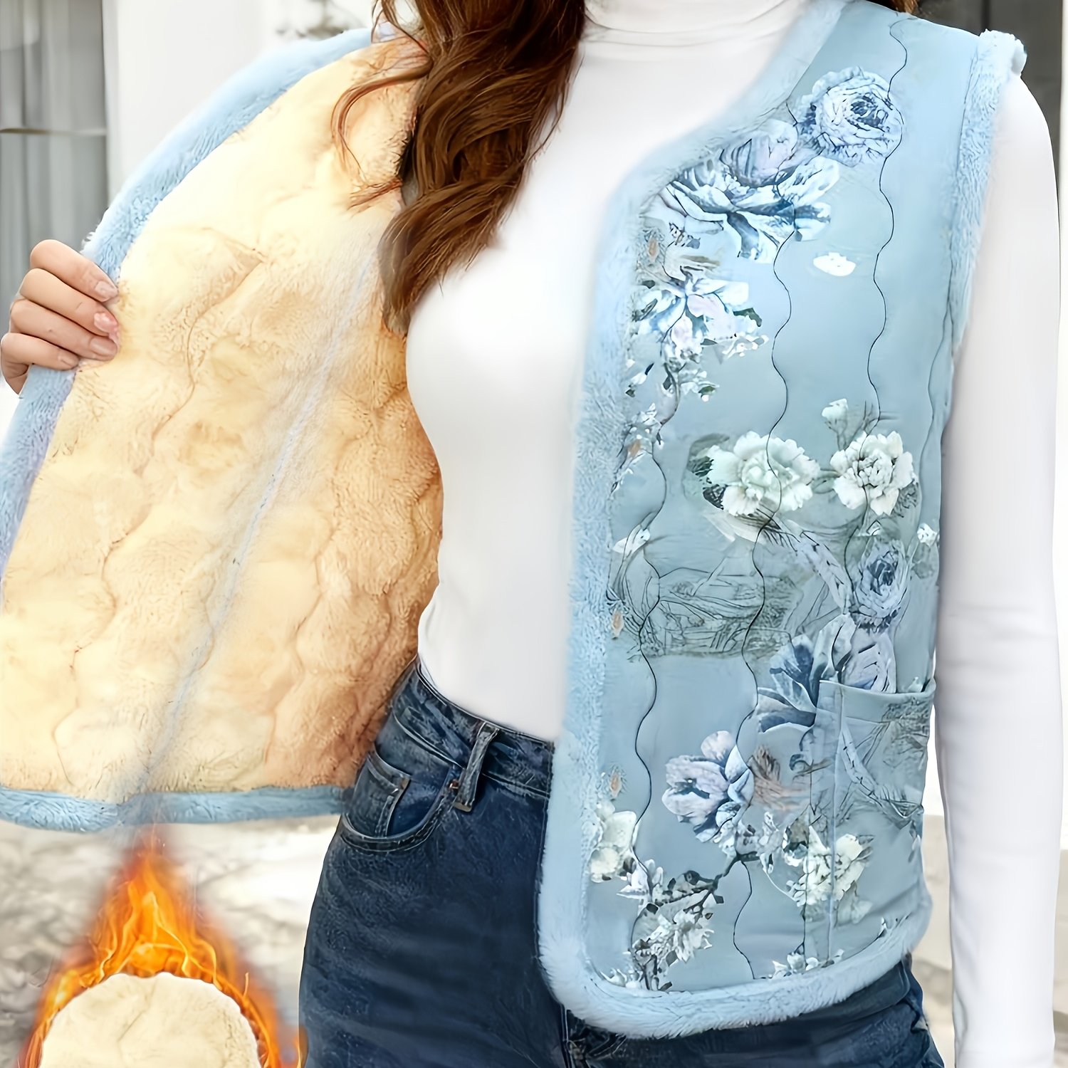 TEMU Giacca smanicata slim da donna per e , gilet caldo con in pile , design con scollo a V, interno foderato in pile, abbottonatura, elegante gilet