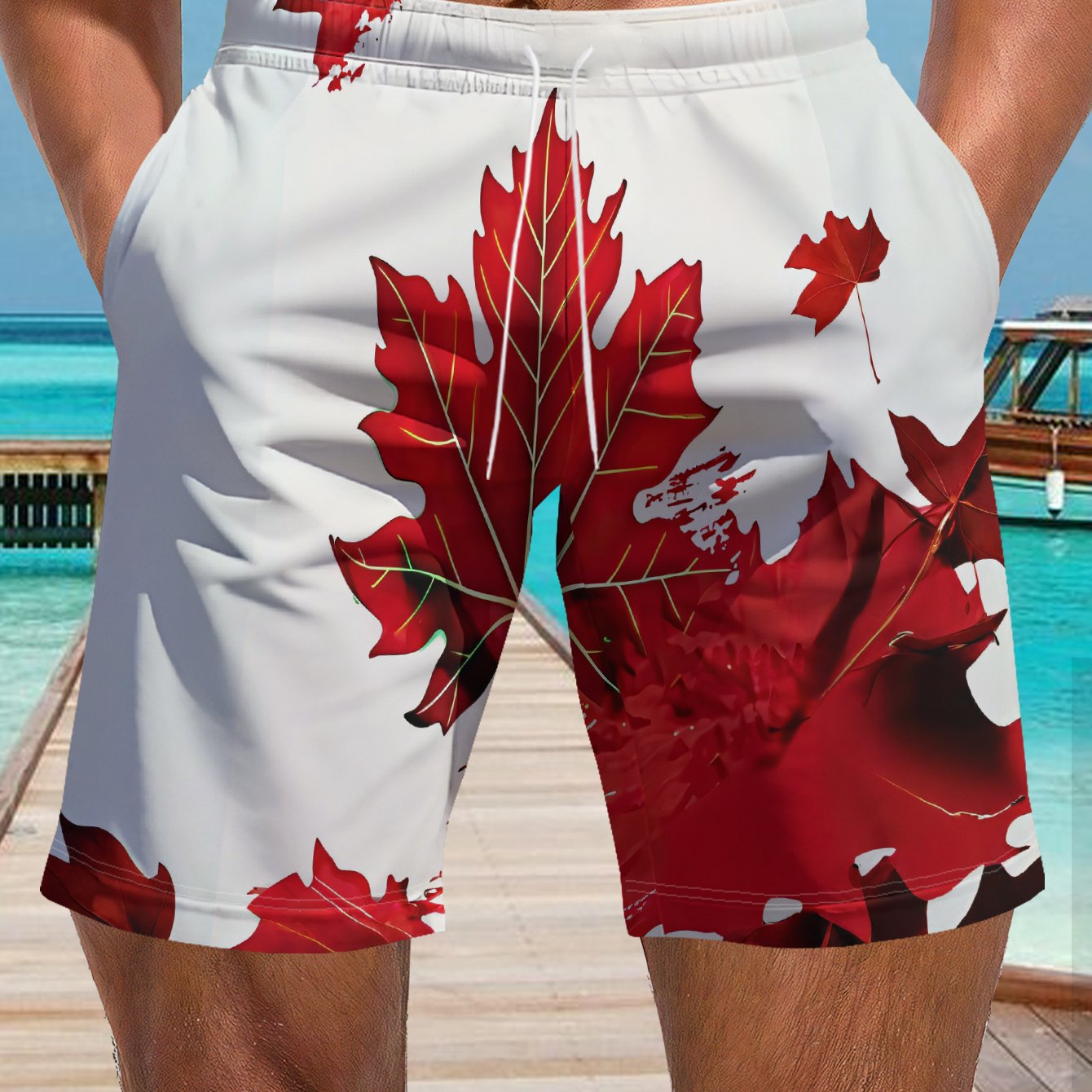 TEMU Men's Board Shorts With Leaf Design - 100% Polyester Swim Trunks, Elastic Drawstring Waist For Surfing, Snorkeling, Beach Vacations - Casual