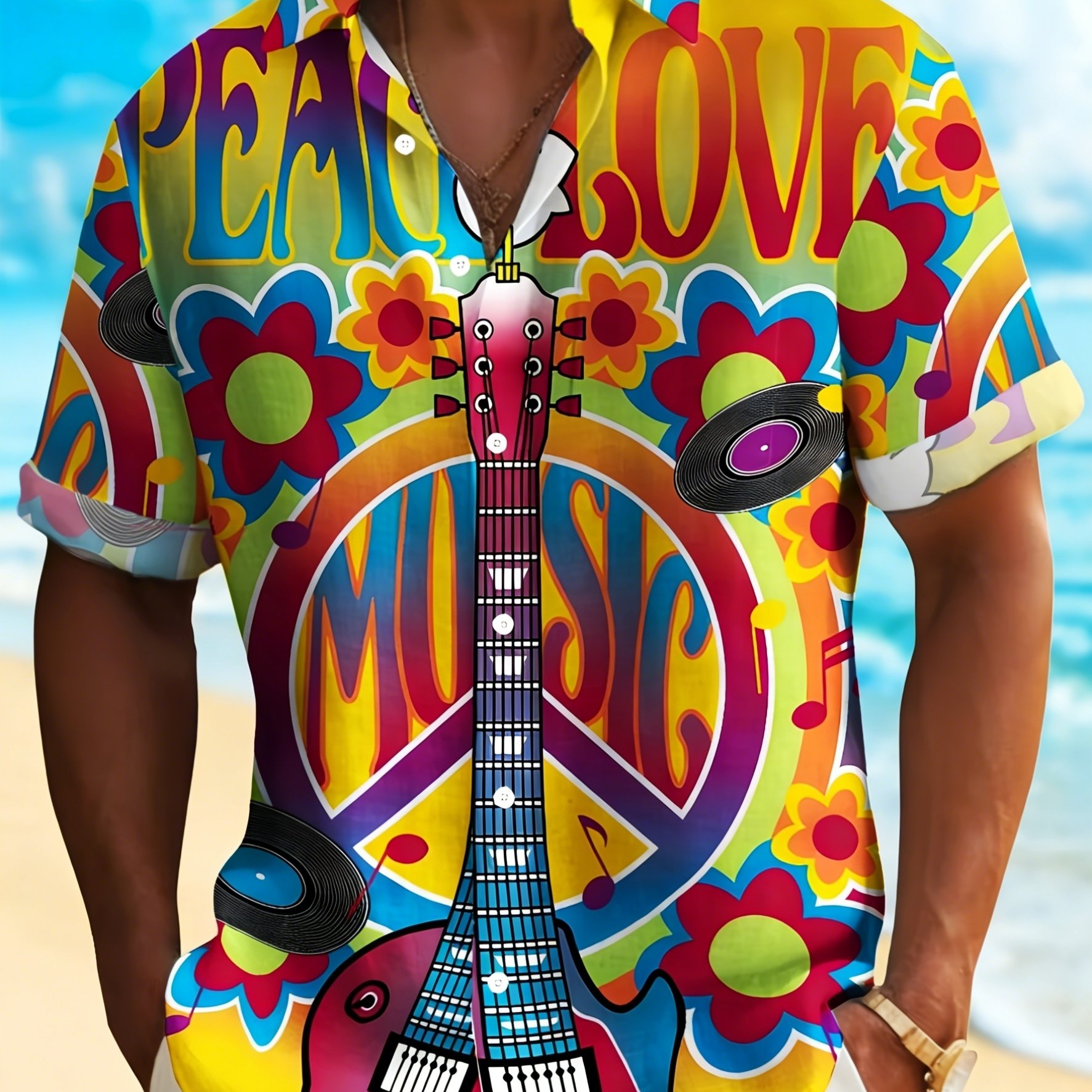 TEMU Chemise à manches courtes boutonnée pour homme avec impression numérique de musique de la hippie rétro