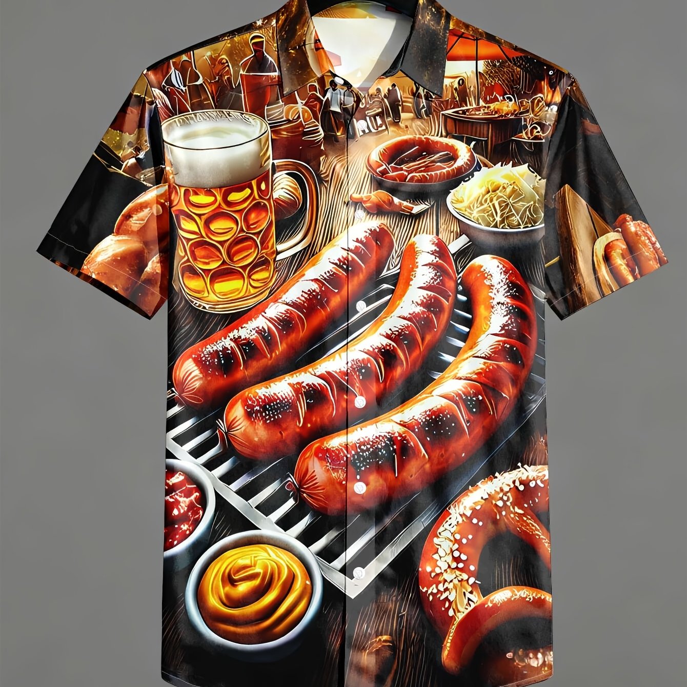 TEMU Plus-size Men's Casual Short-sleeve Shirt With German-style And Pretzel Print, Outdoor Vibe Design, Machine Washable , Stylish Button-up Shirt,
