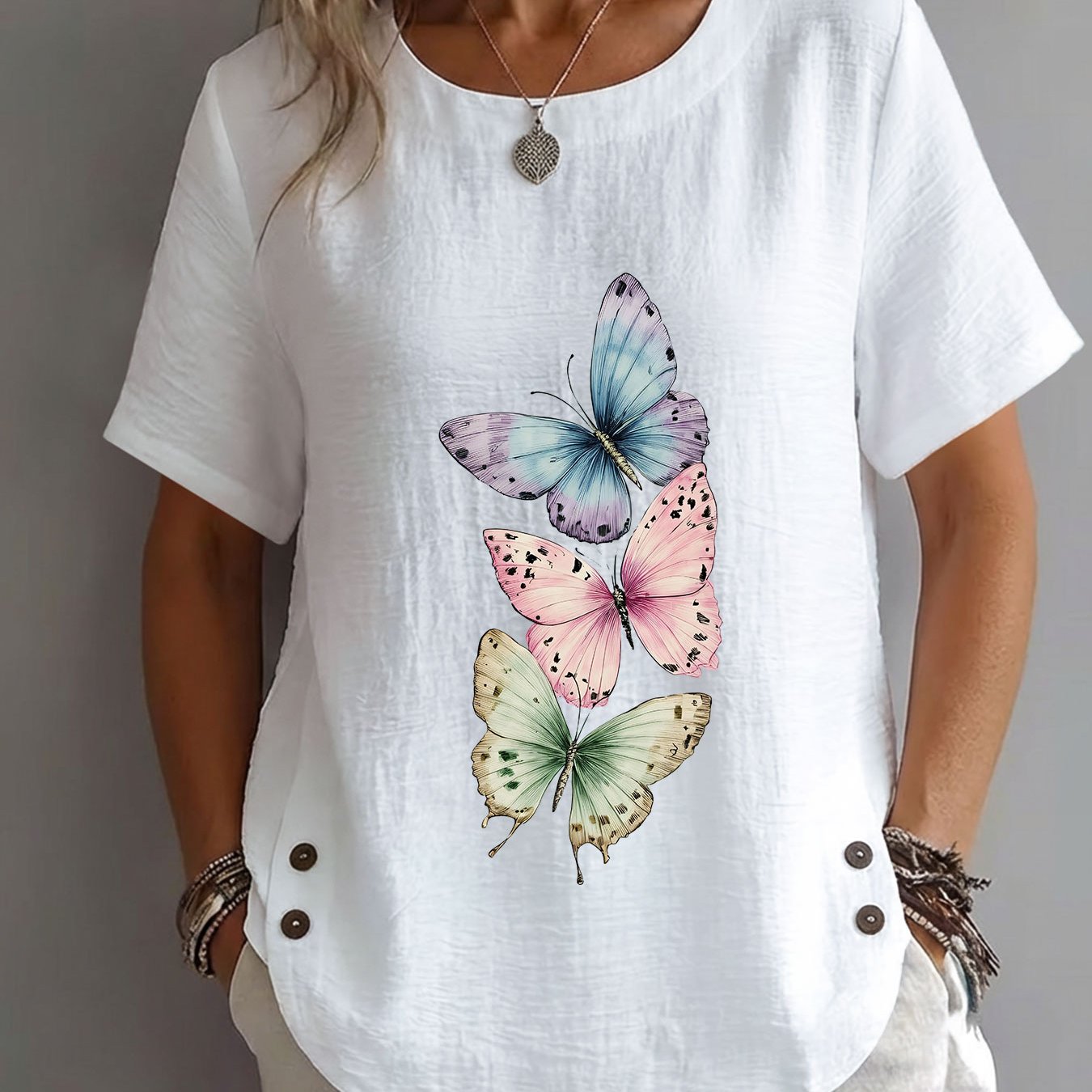 TEMU Spring/summer Women's Top, Hand-painted Style, Gradient Print, Elegant, Mature, Casual, Round Neck, Short Sleeve, Women's Clothing