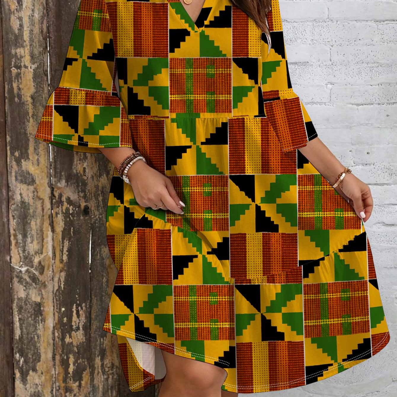 Image of Plus Size Geometric Print Dress. V-neck. Bell Sleeves. Layered Skirt. Loose Fit Colorful Elegant African Ethnic Style Vacation Summer Dress. Fashionable Retro Tribal Vibe