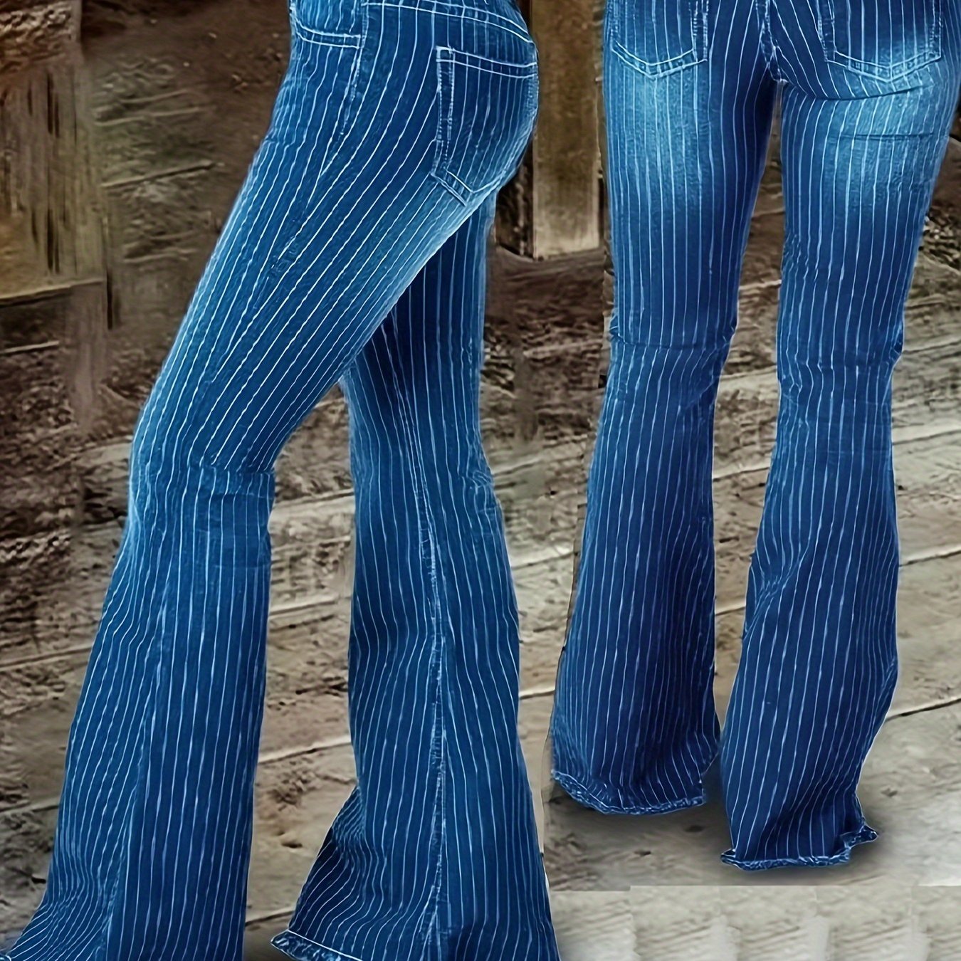 Image of Women's Stretch Vintage Versatile Casual Fashion Elegant Mid-rise Machine Washable Durable Slim Fit Pocket Striped Print Fringe Flare Jeans Street Style
