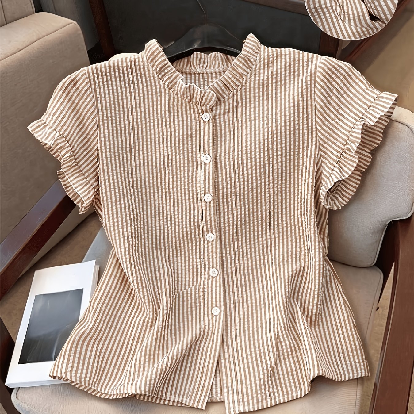 TEMU Women's Collar Short Sleeve Single Button Striped Shirt, Summer