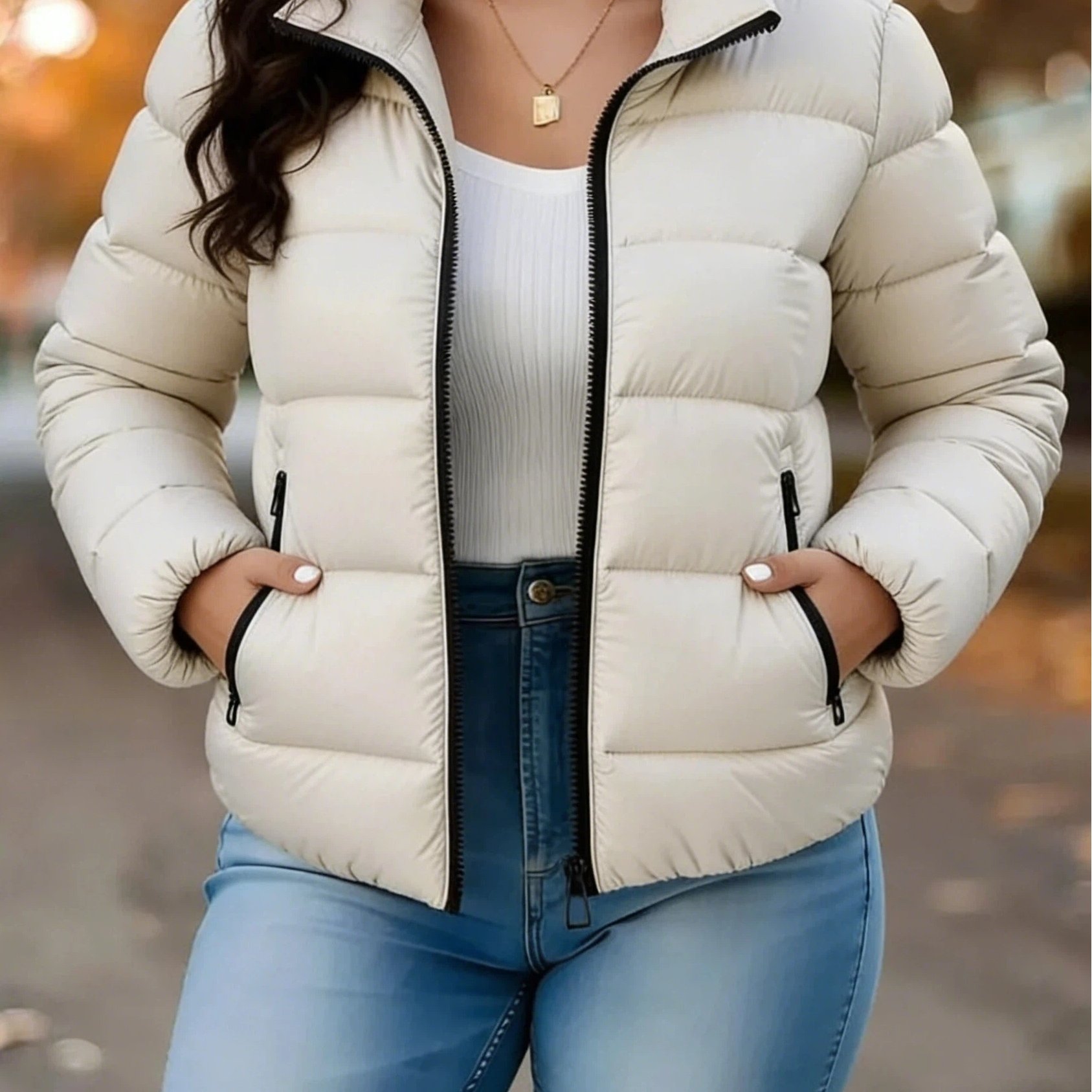 TEMU [european Size] Women's Elegant Winter Warm Full-zip Jacket, Full Front Closure, A- And Stand Collar - Coat With Mid-length Zipper, Machine