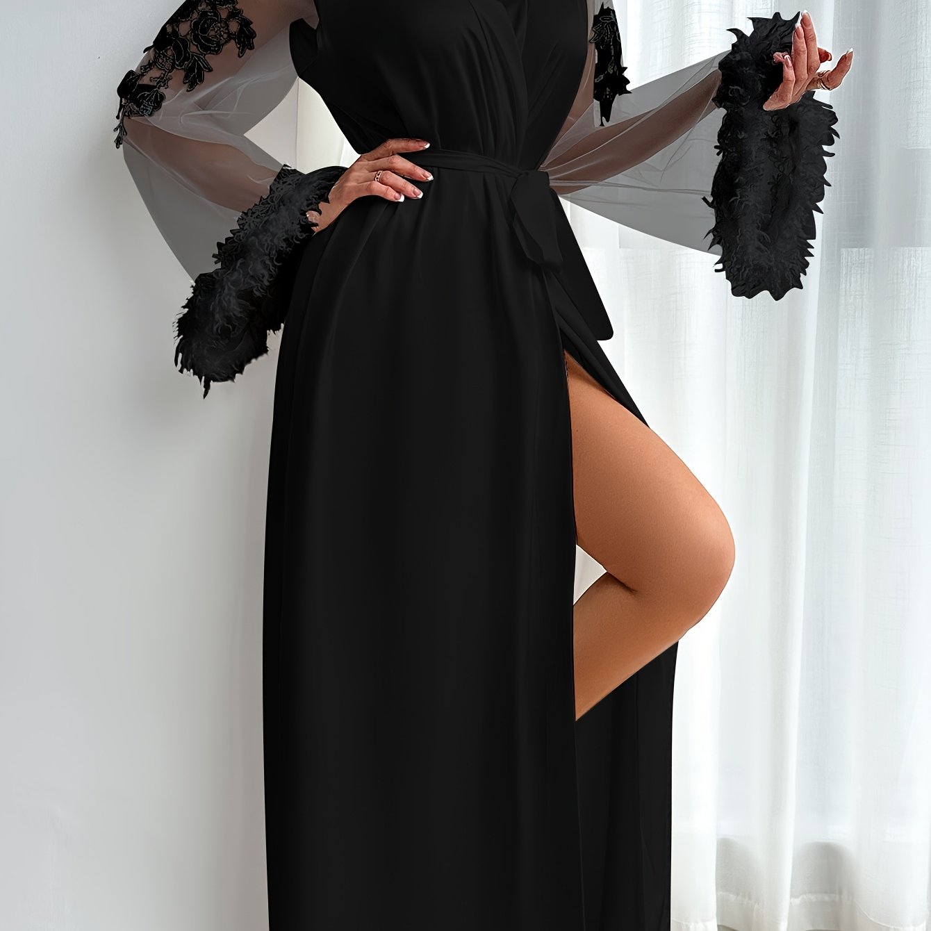 Image of Autumn And Winter Satin Long Sleep Robe For Women With Fluffy Cuffs And Mesh Sleeves, Perfect For
