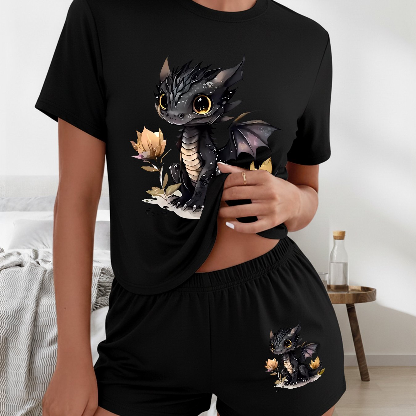 TEMU And Summer Women's Short-sleeve Round Neck Curved T-shirt And Shorts Two-piece Set, Machine Washable, Soft And Stylish Printed Short-sleeve And