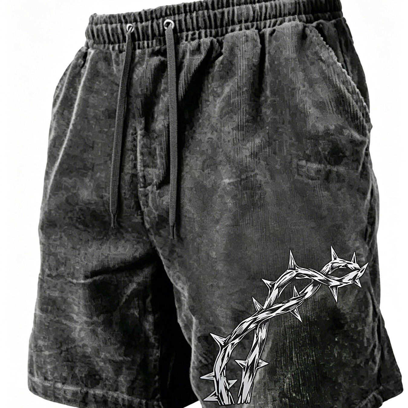 TEMU Washed, Y2k Vintage, Barbed Retro Velvet Print Shorts, High Quality Men's Shorts For Everyday Wear, Adjustable Drawstring Waist, Elastic