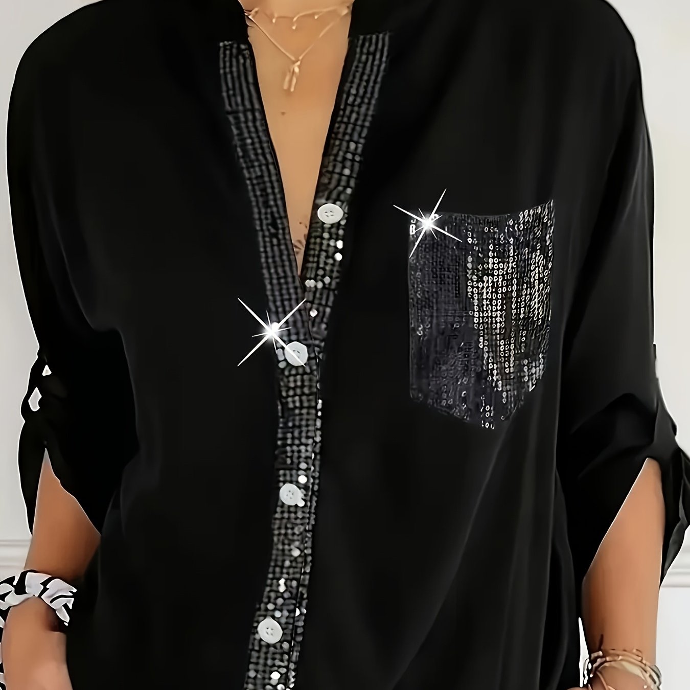 Image of V-neck Shirt With Contrasting Sequin Details, Solid Color Long-sleeve Blouse For Women's Casual Loose Fit, Spring And Autumn Season, Fashionable Irregular , Elegant Sequined Fabric Button-up