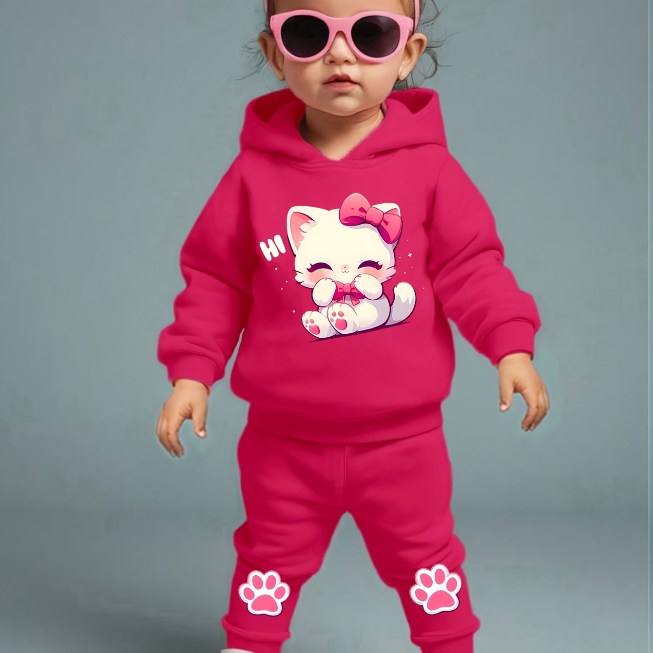 Image of Baby Girls Cute Cartoon Cat Pattern Long Sleeve Fleece Hoodie And Casual Athletic Pants Set, Gift, For Outdoor, Christmas, Halloween