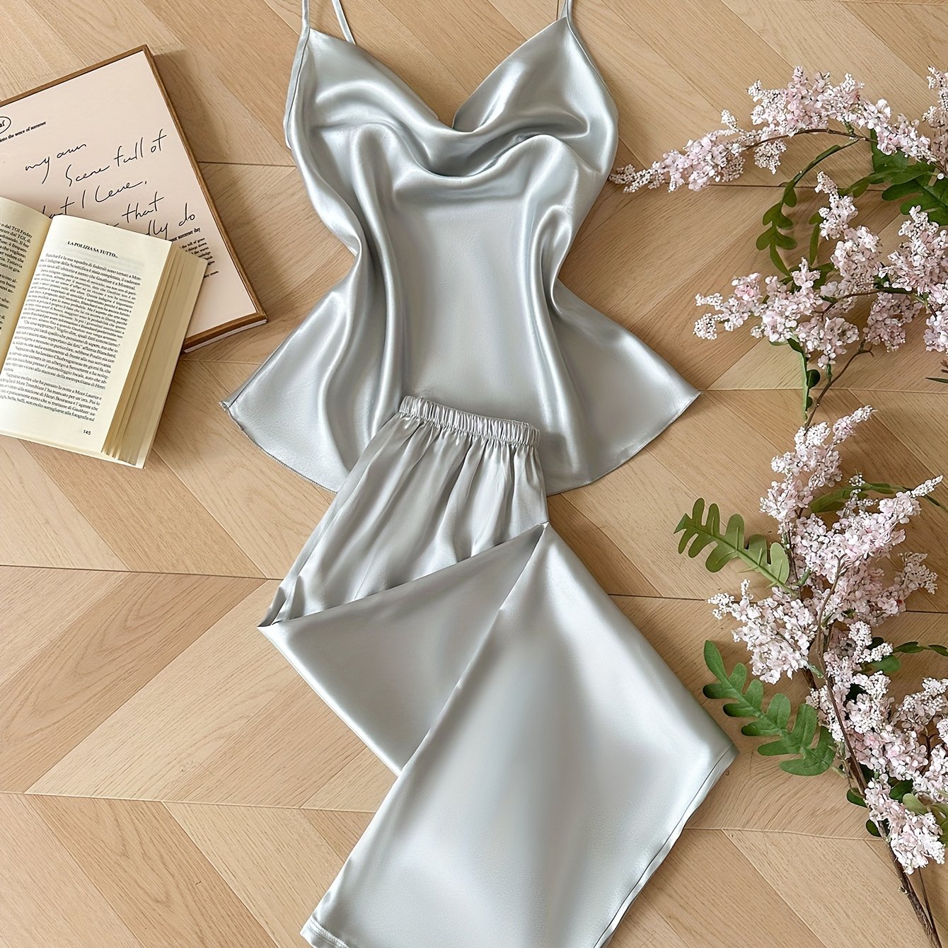 TEMU Fashion Casual Solid Color Halter Top And Long Pants Pajama Set 2pcs Women