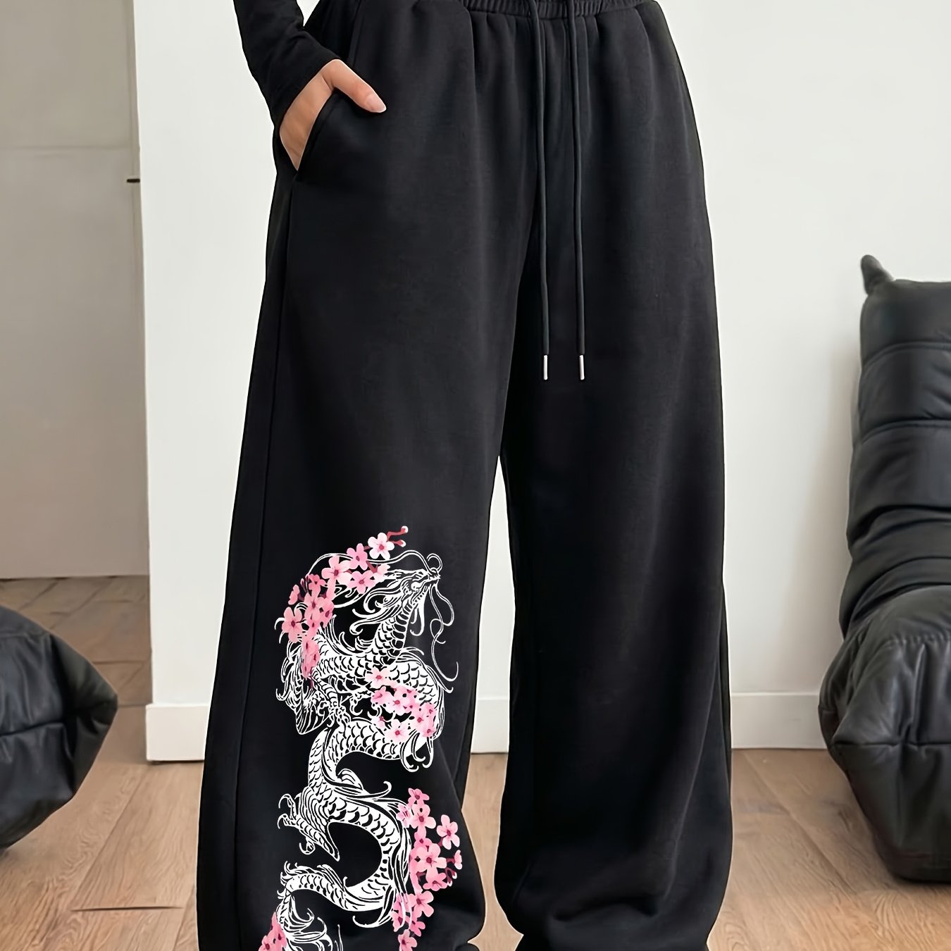 TEMU National Trend Style Women's Sweatpants With White Dragon And Cherry Print, Drawstring Elastic Waist, Side Pockets, Loose Wide-leg Flared Fit,