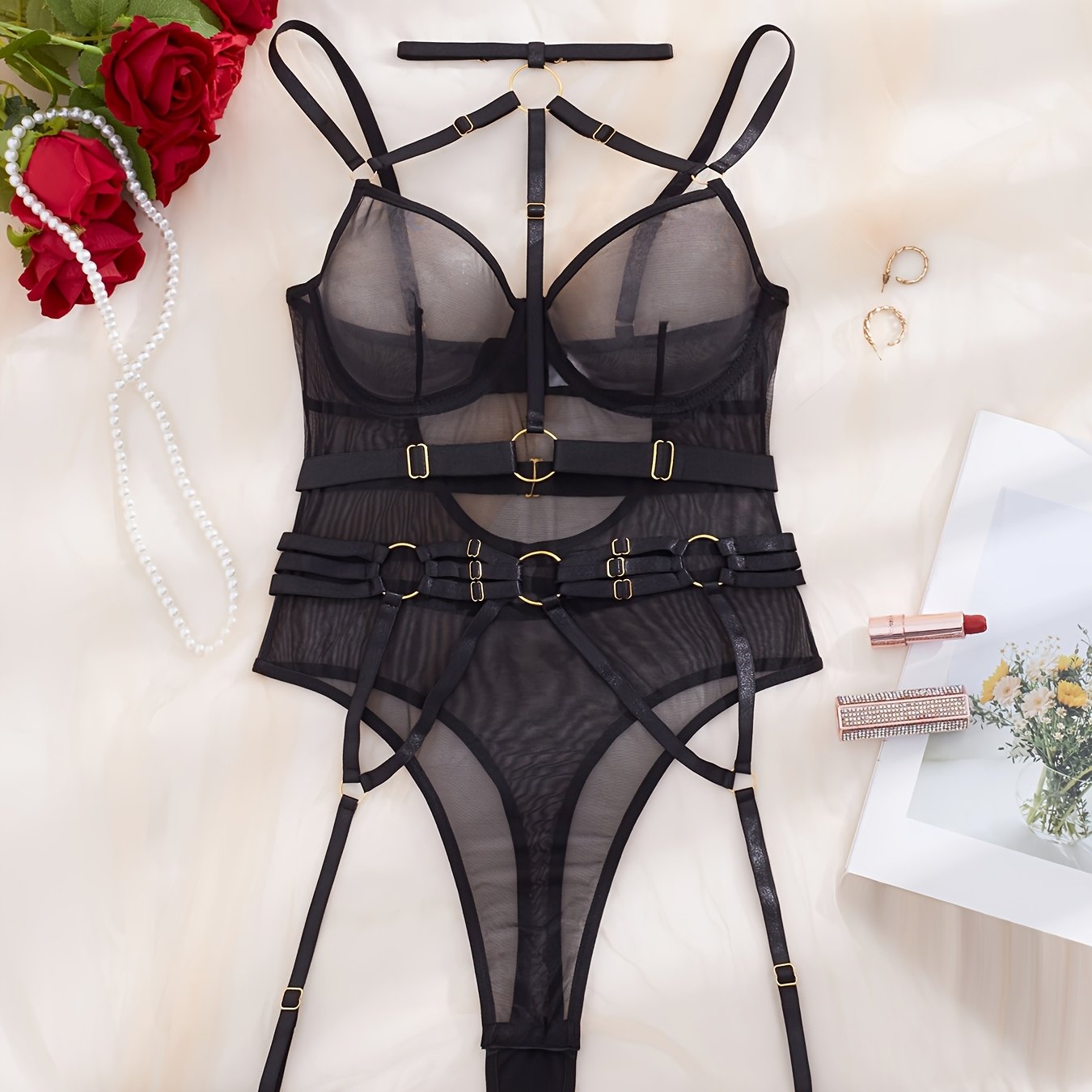 Women's Halter Neck Mesh Bodysuit Shapewear With Waist Cincher And Thigh Garters