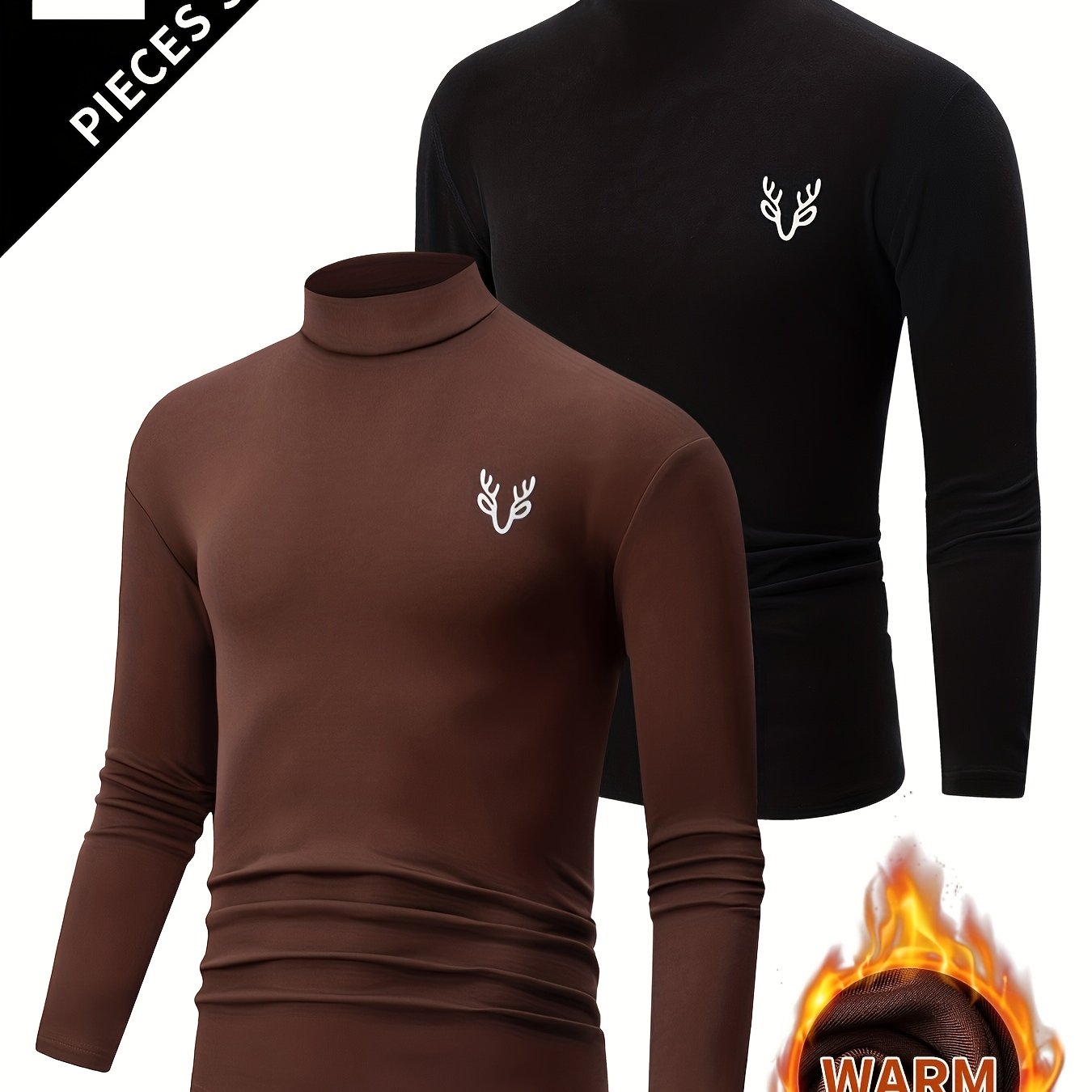 TEMU 2pcs Men's Thermal Long Sleeve T-shirts - Slim-fit Round Neck Winter Warm Layering Shirts, / With Neck Logo Emblem ( Print), Soft Innerwear For