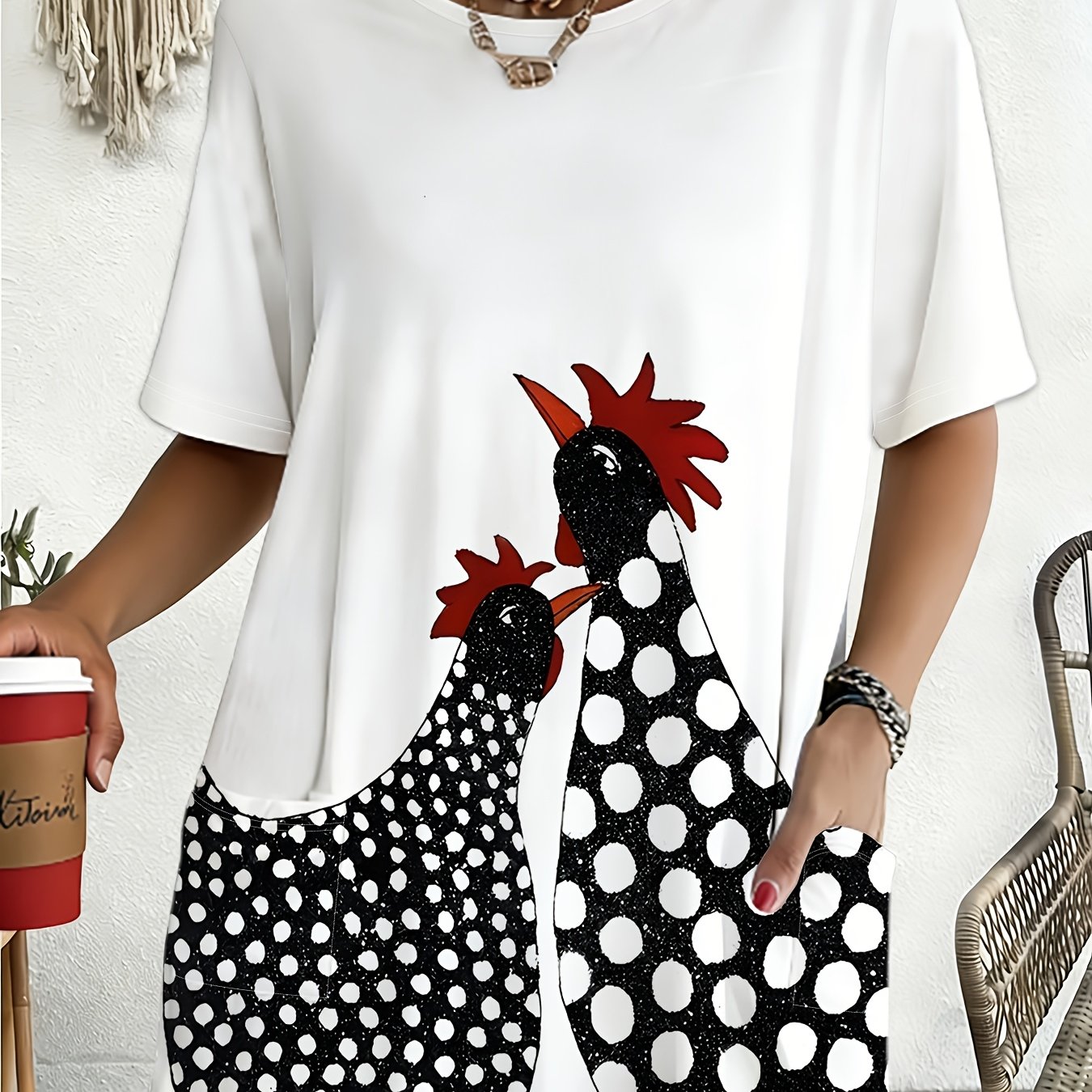 TEMU White Polka Dot Rooster Pattern Short Sleeve T-shirt, Women's Loose Round Neck Printed Top, Casual Trendy Style