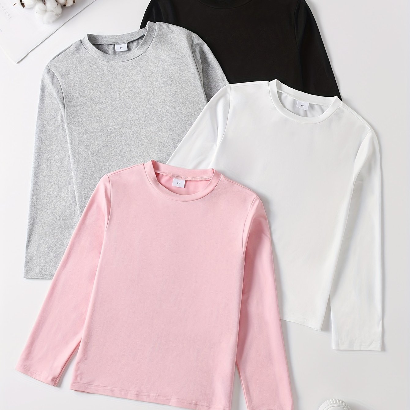Image of Little Girl's New Autumn And Winter Long Sleeve Solid Color Tops, 4pcs Set Of Versatile Casual T-shirts For Casual Attire And Outdoor Activities