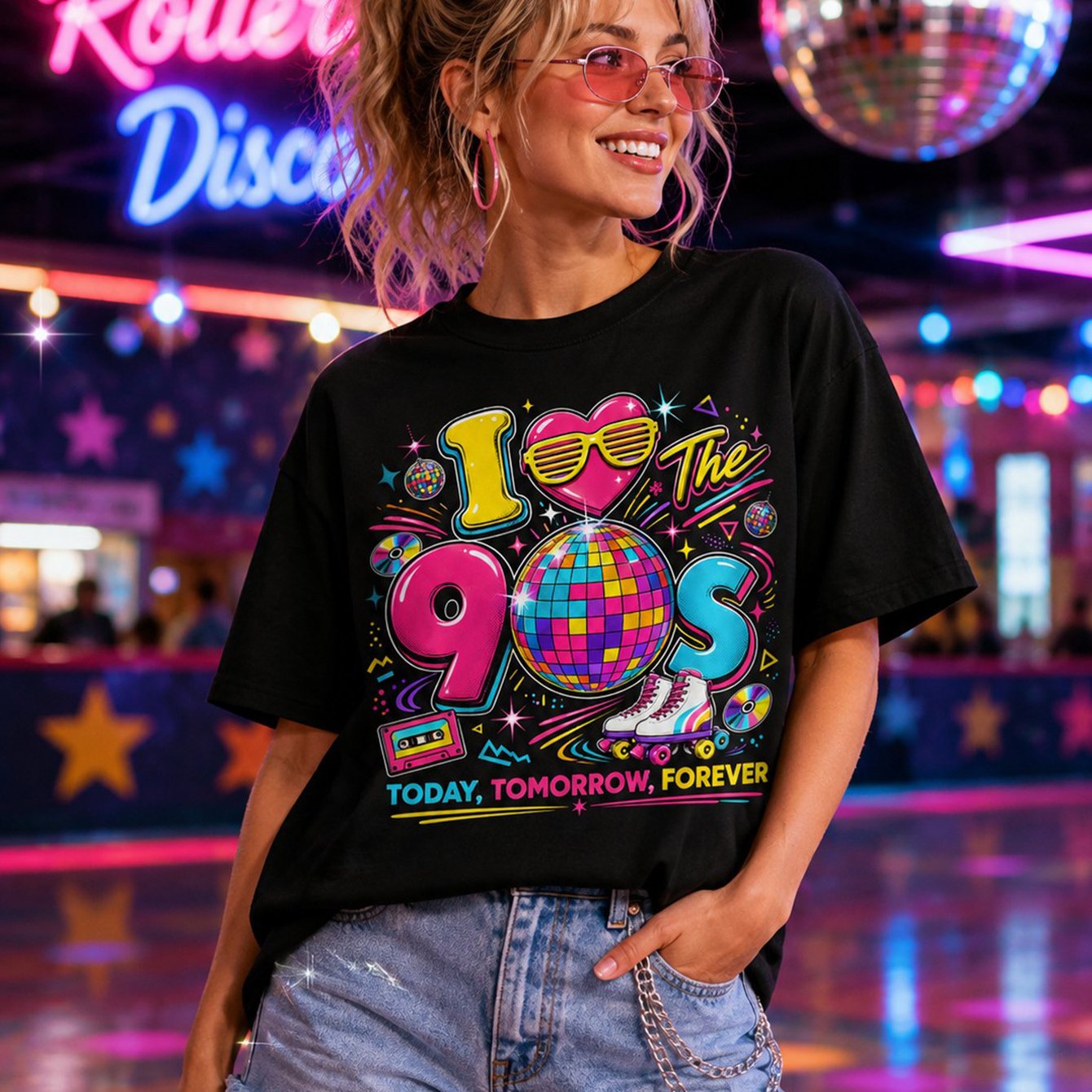 Image of Women's T-shirt Plus Size I Retro Disco Ball Graphic Black Oversized Fit Casual T Shirt Short Sleeve