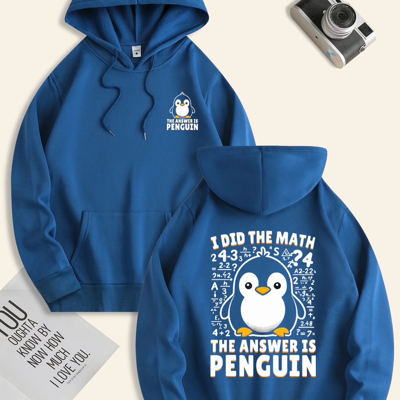 TEMU 1pc Penguin Math Puzzle Hoodie, Casual Polyester Knit Long Sleeve Sweatshirt With Drawstring, Regular Fit Cartoon Print Pullover For
