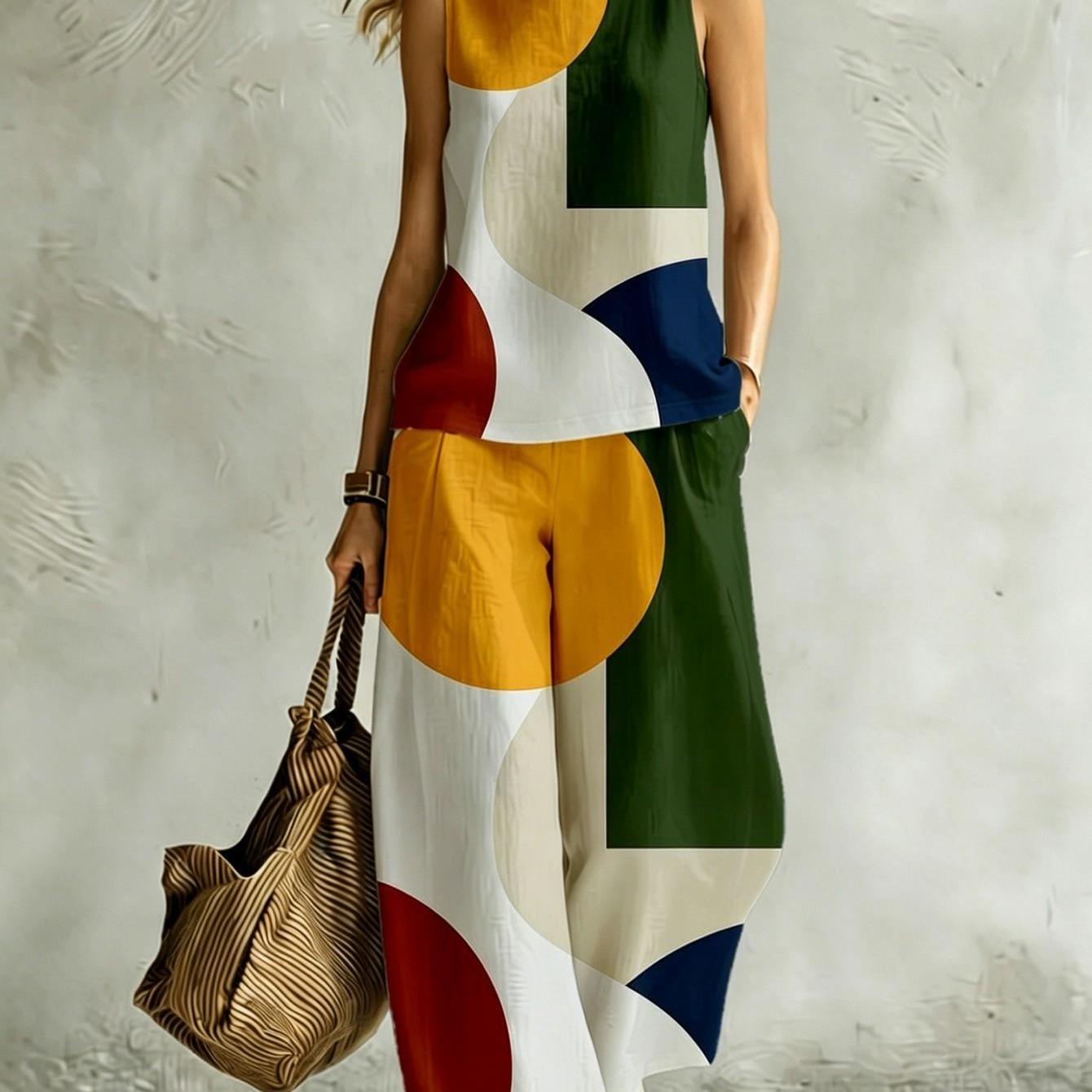 Image of New Women's Summer Clothing: Top + Pants Set Geometric Color Block Print Summer Women's Vest Set Casual Wear Machine Washable Polyester Fiber Simple And 2pcs Set 2d Flat Printing Summer, 2d Flat