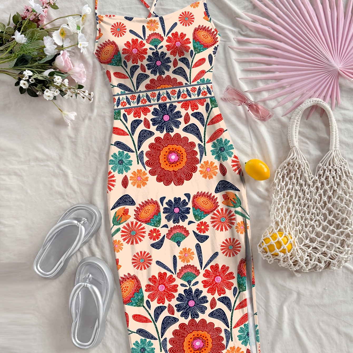 TEMU Women's Fashion Casual Positioning Print Camisole Dress With Criss-cross Straps
