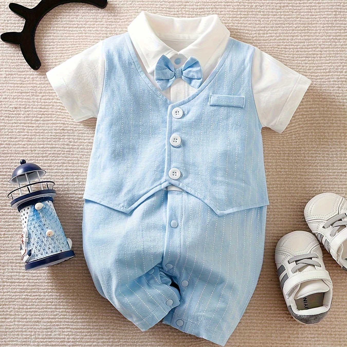 Image of Summer Newborn Short-sleeve Bodysuit, Pure Cotton Gentleman Style With Light Tie, Perfect For Outdoor,boys And Girls Clothes